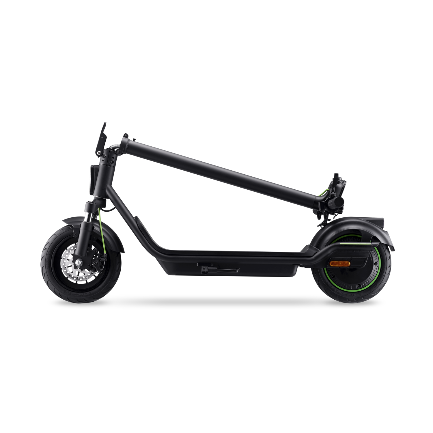 Black electric scooter, side view, wheels with green accents, on a black background.