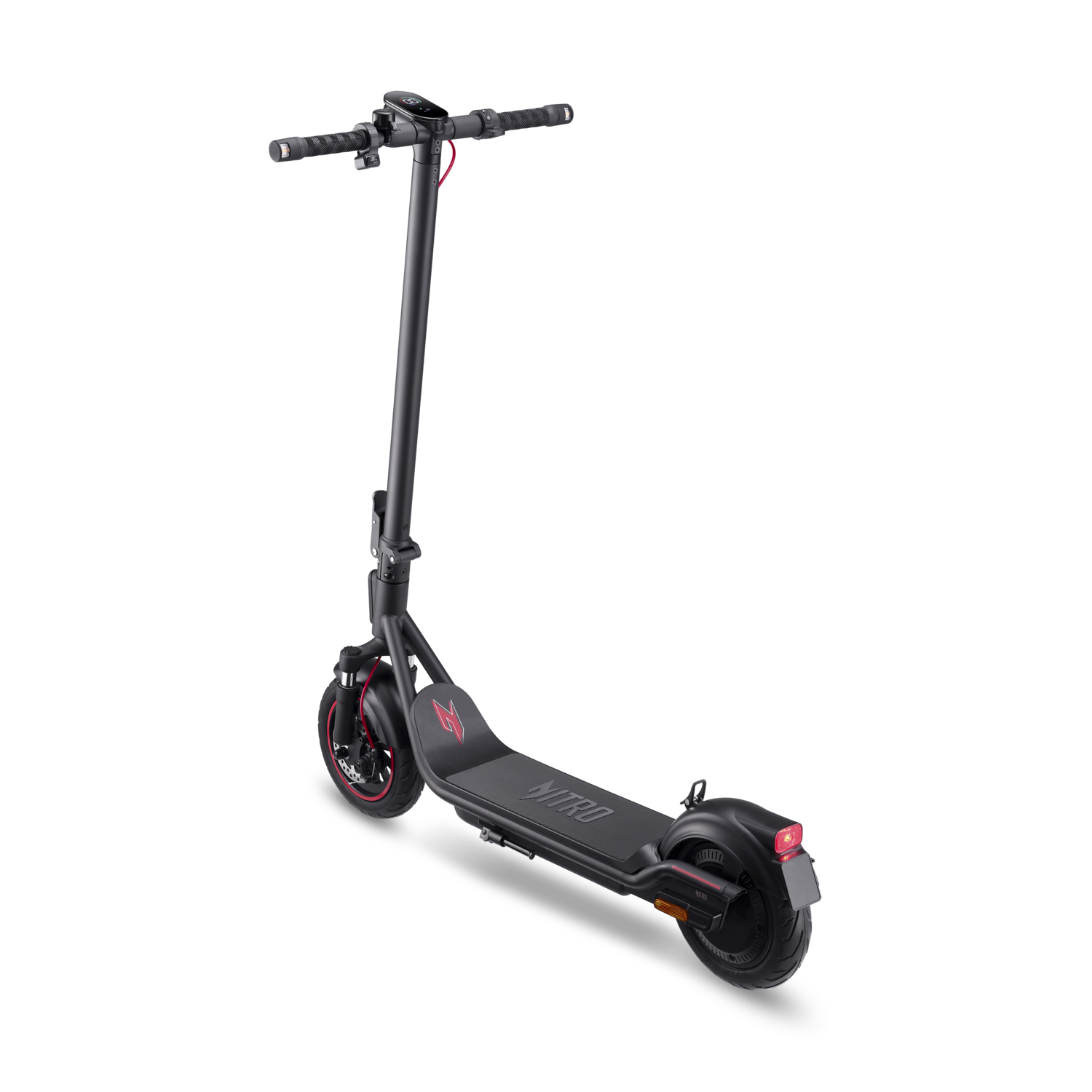 Zwarte Nitro elektrische scooter met rode accenten.