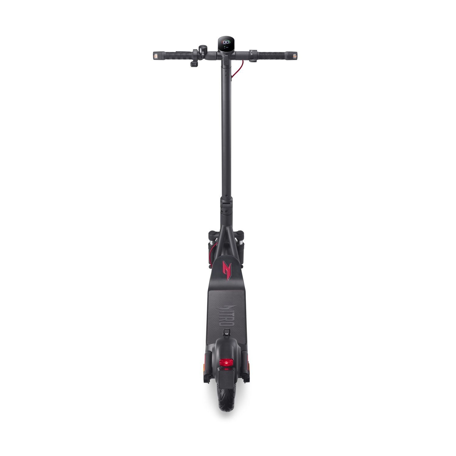Zwarte elektrische scooter, bovenaanzicht, met rode accenten en digitaal display.