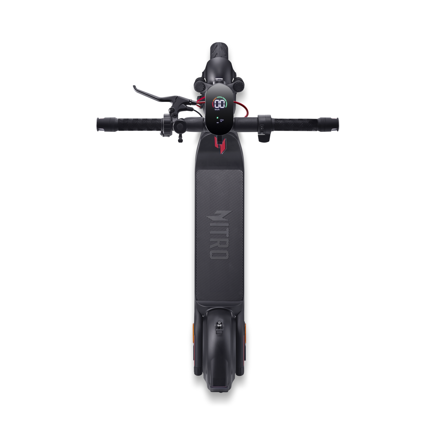 Zwarte elektrische scooter van bovenaf. Stuur, display en voetenplank. Zwarte achtergrond.