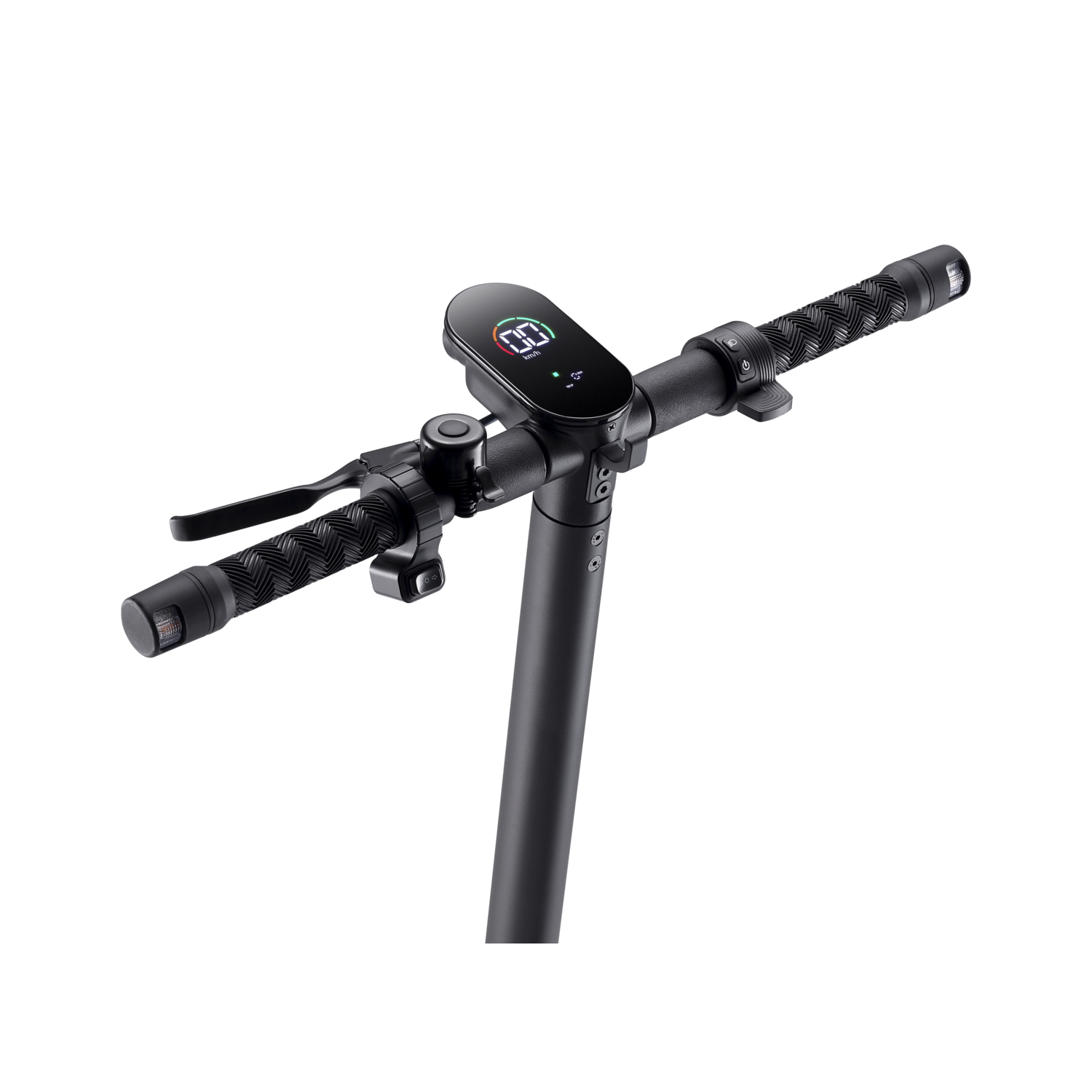 Een zwart stuur van een elektrische scooter met een digitaal display en getextureerde handgrepen.