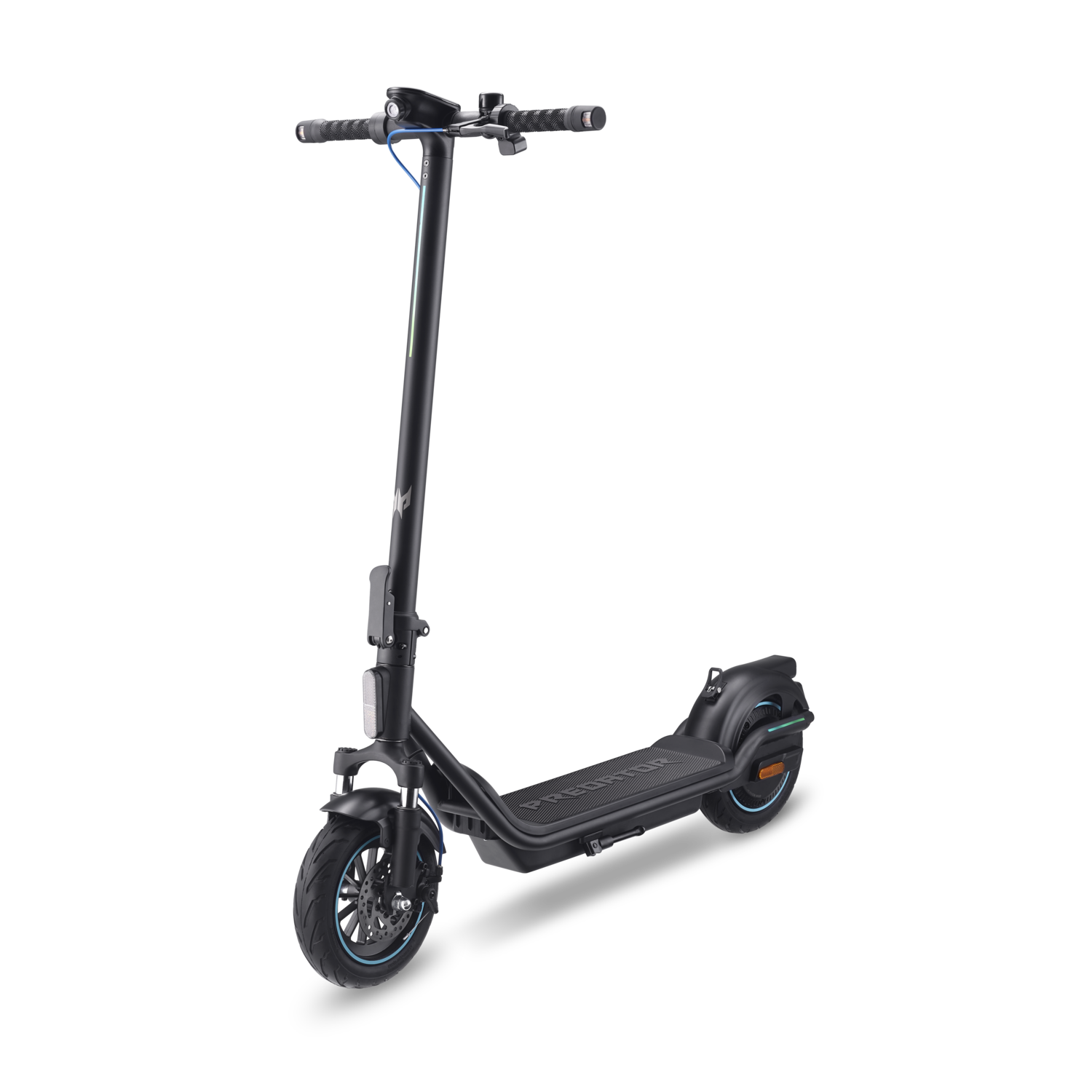 Trottinette électrique noire, cadre noir, détails bleus. Fond noir.