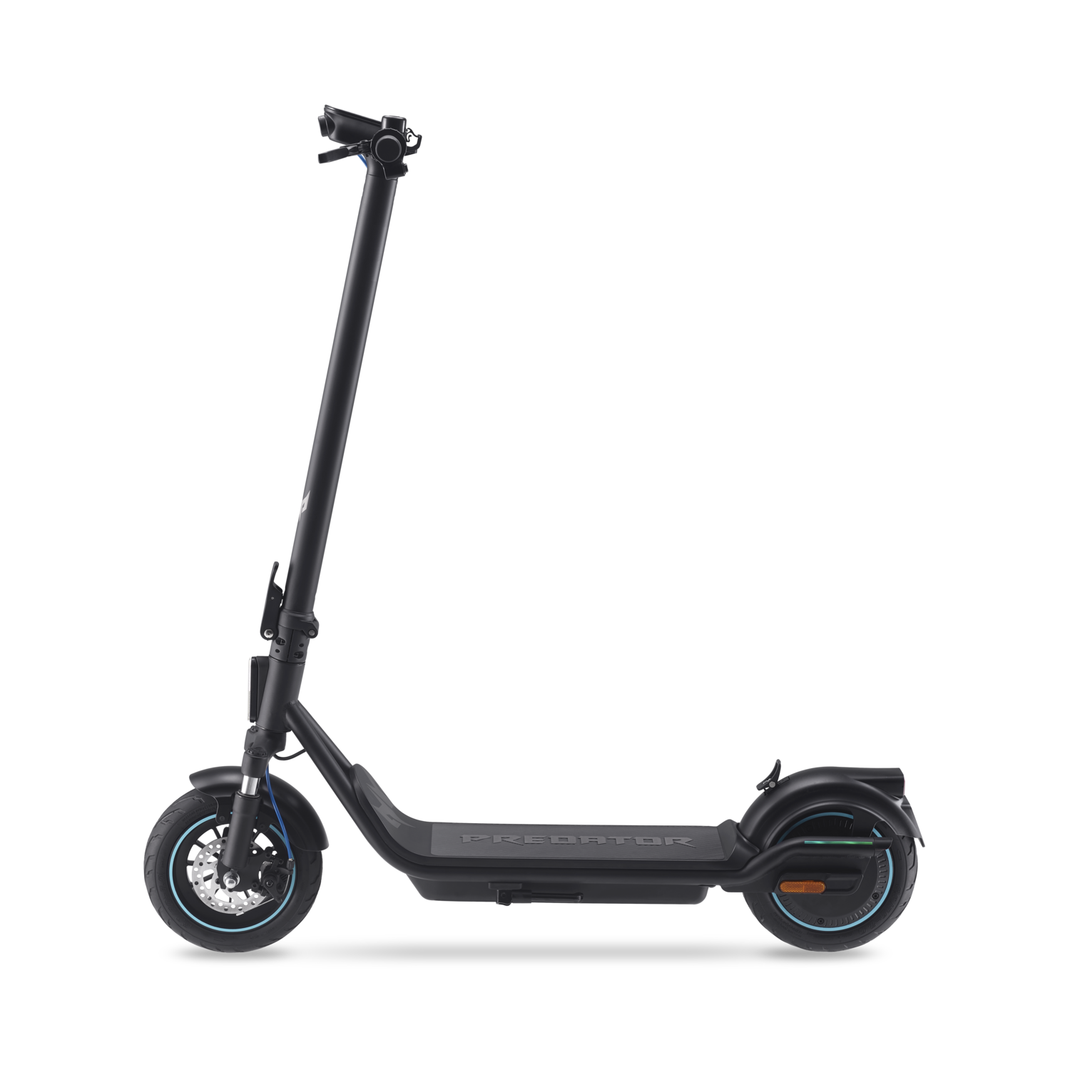 Une trottinette électrique noire avec des accents bleus, vue de côté sur fond noir.