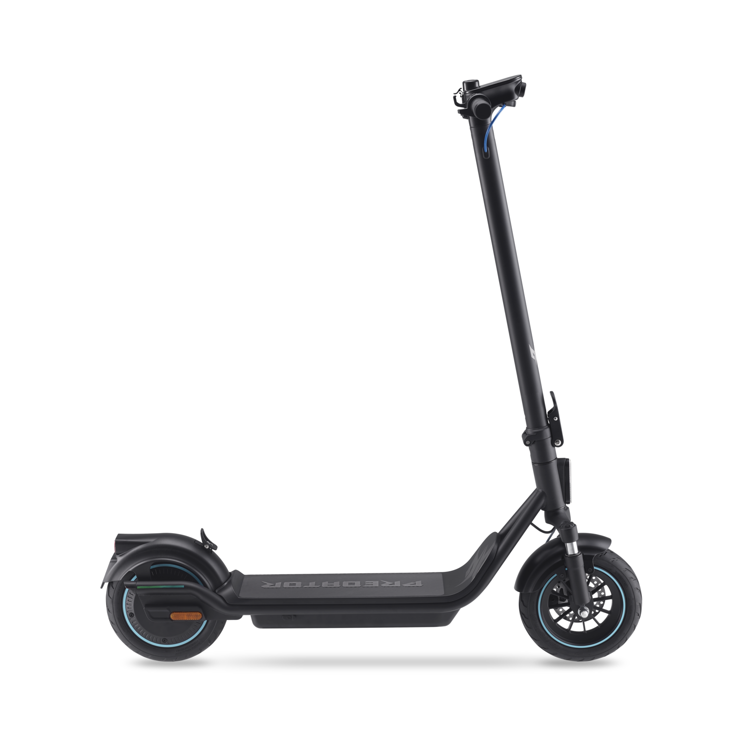 Une trottinette électrique de profil avec des détails bleus et noirs sur fond noir.
