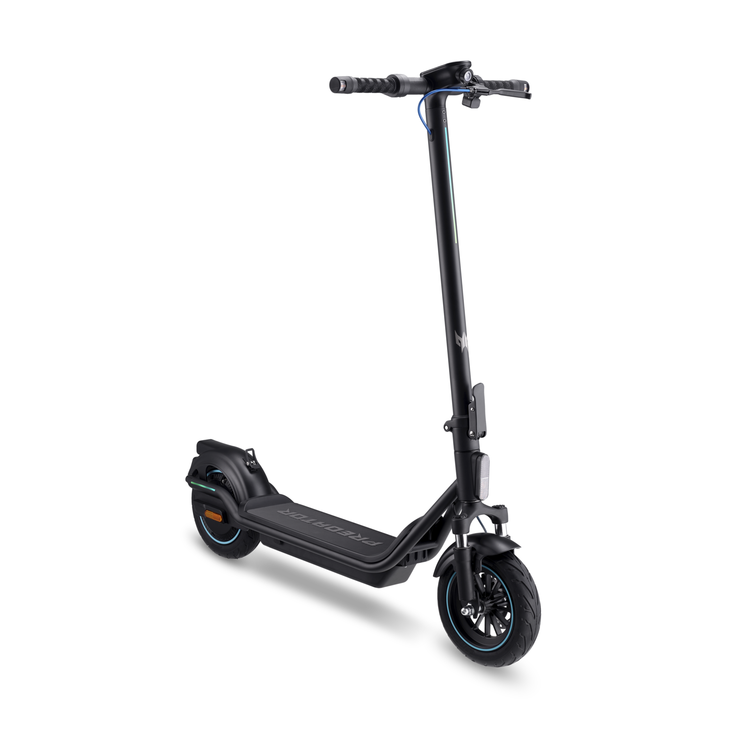 Une trottinette électrique Predator noire avec un accent bleu. Elle est sur fond noir.