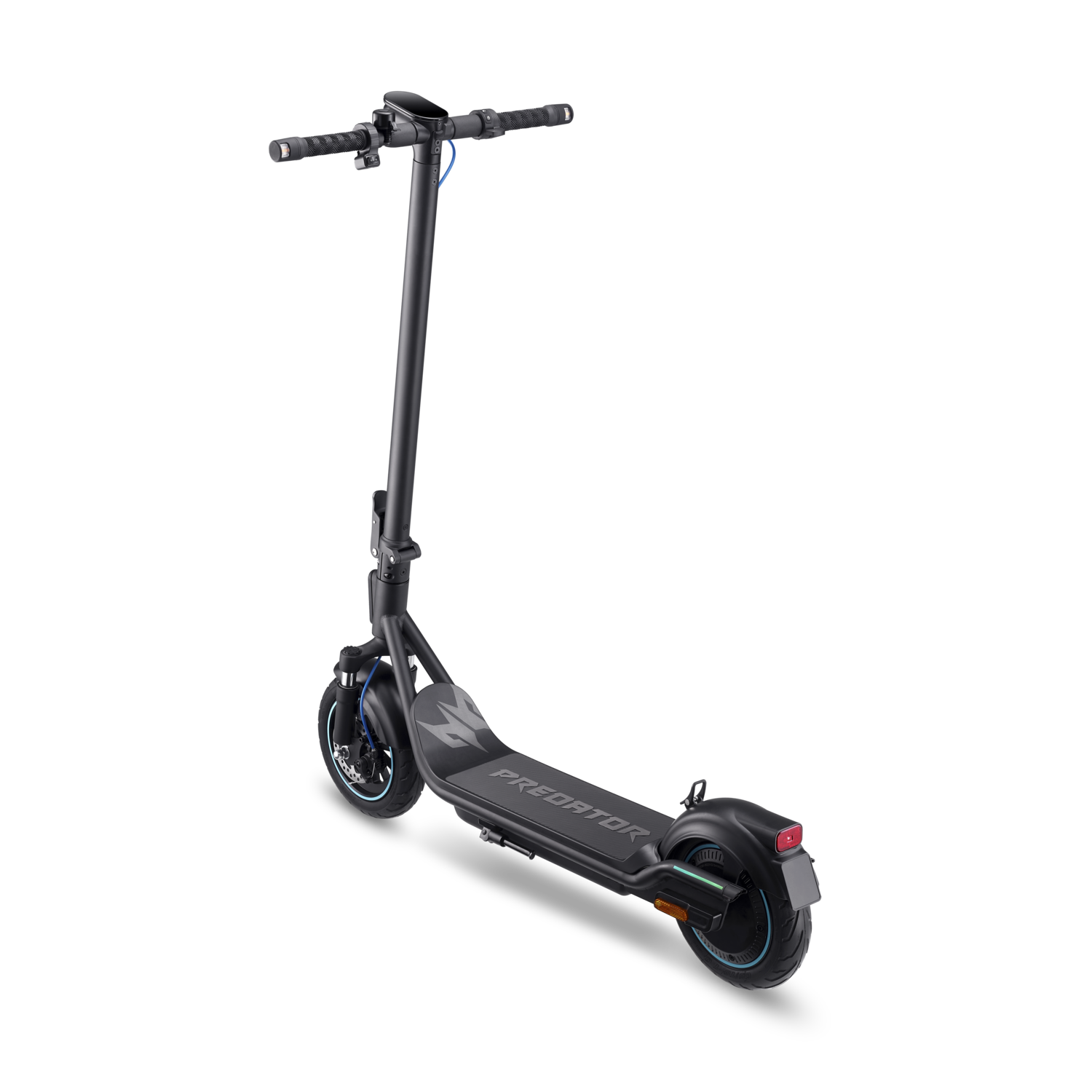 Trottinette électrique noire avec accents bleus, 'PREDATOR' sur le plateau, fond noir.