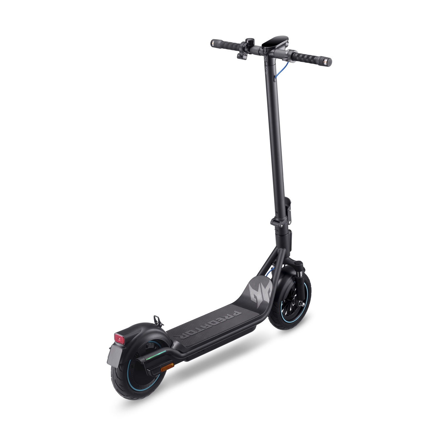 Trottinette électrique noire avec des accents bleus. Elle a un cadre noir avec le mot Predator écrit.