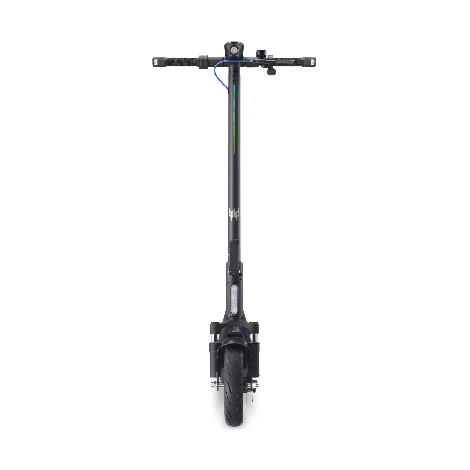 Trottinette électrique noire, vue de face, avec un fond noir.