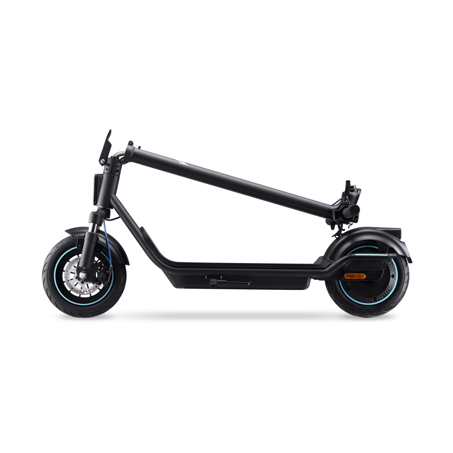 Trottinette électrique pliable noire avec des accents bleus, sur fond noir.