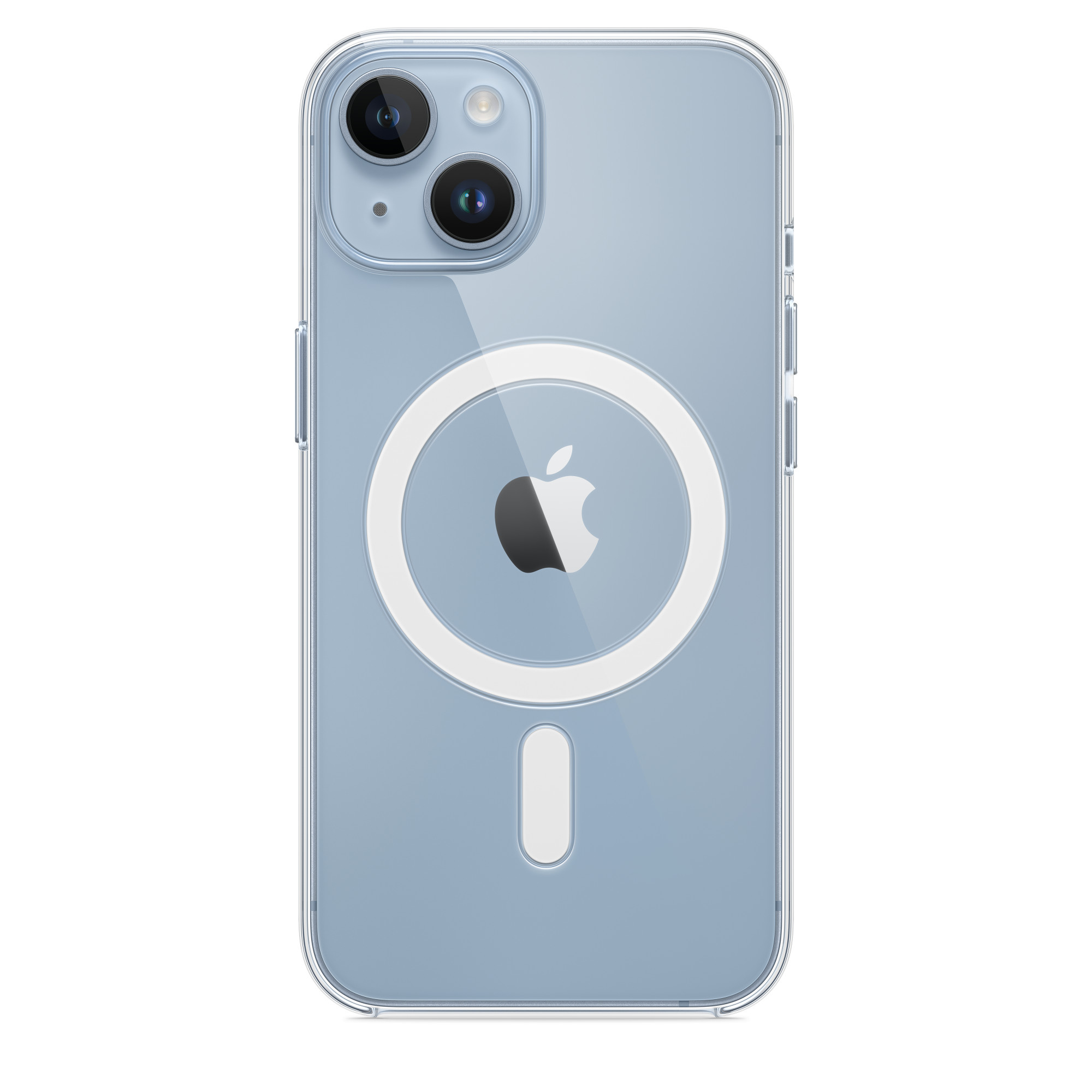 Ortasında beyaz bir Apple logosu bulunan mavi telefon kılıfı. Üstte iki kamera. Kılıf şeffaf.