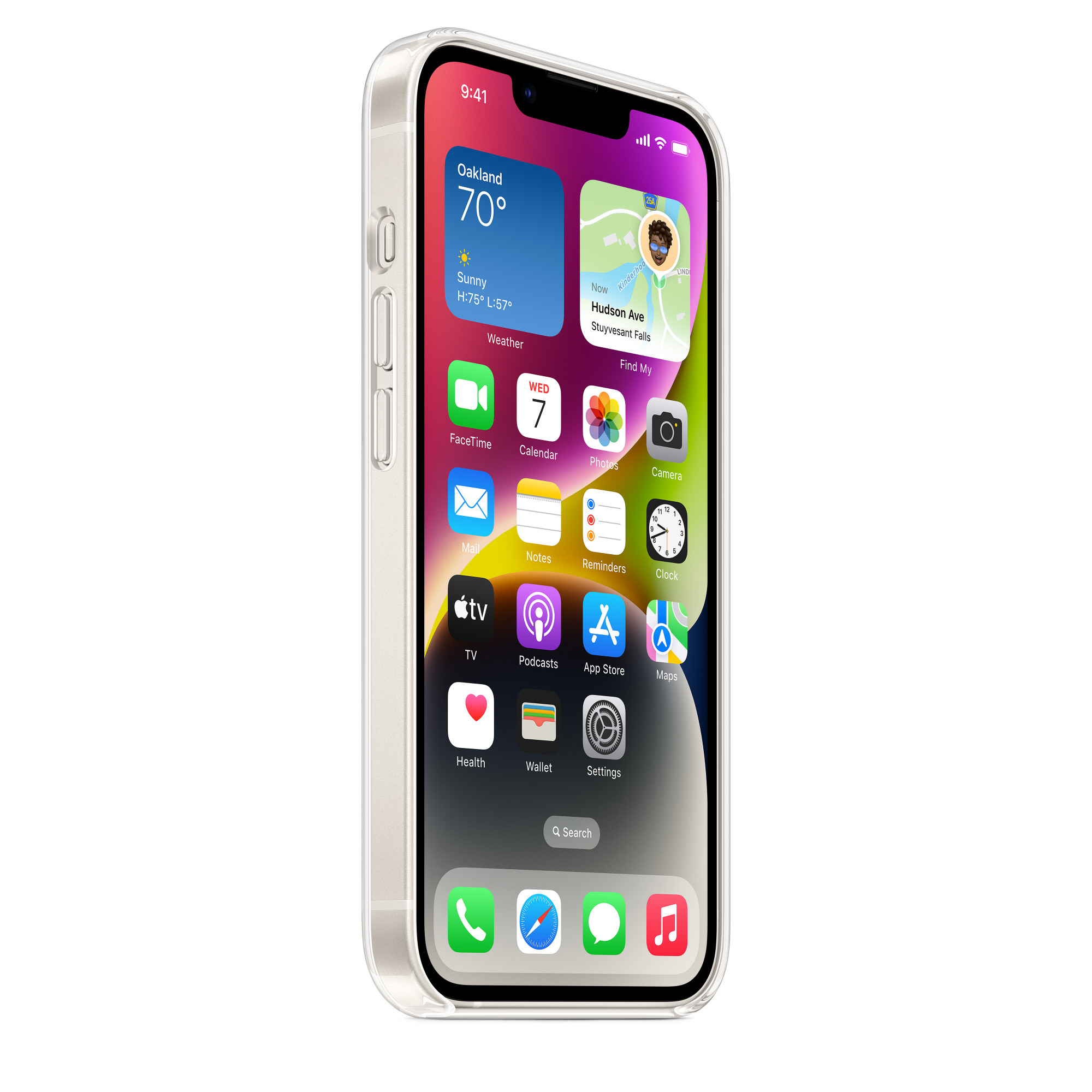 Şeffaf kılıf içinde iPhone, uygulama simgeleriyle renkli bir ana ekran görüntülüyor.