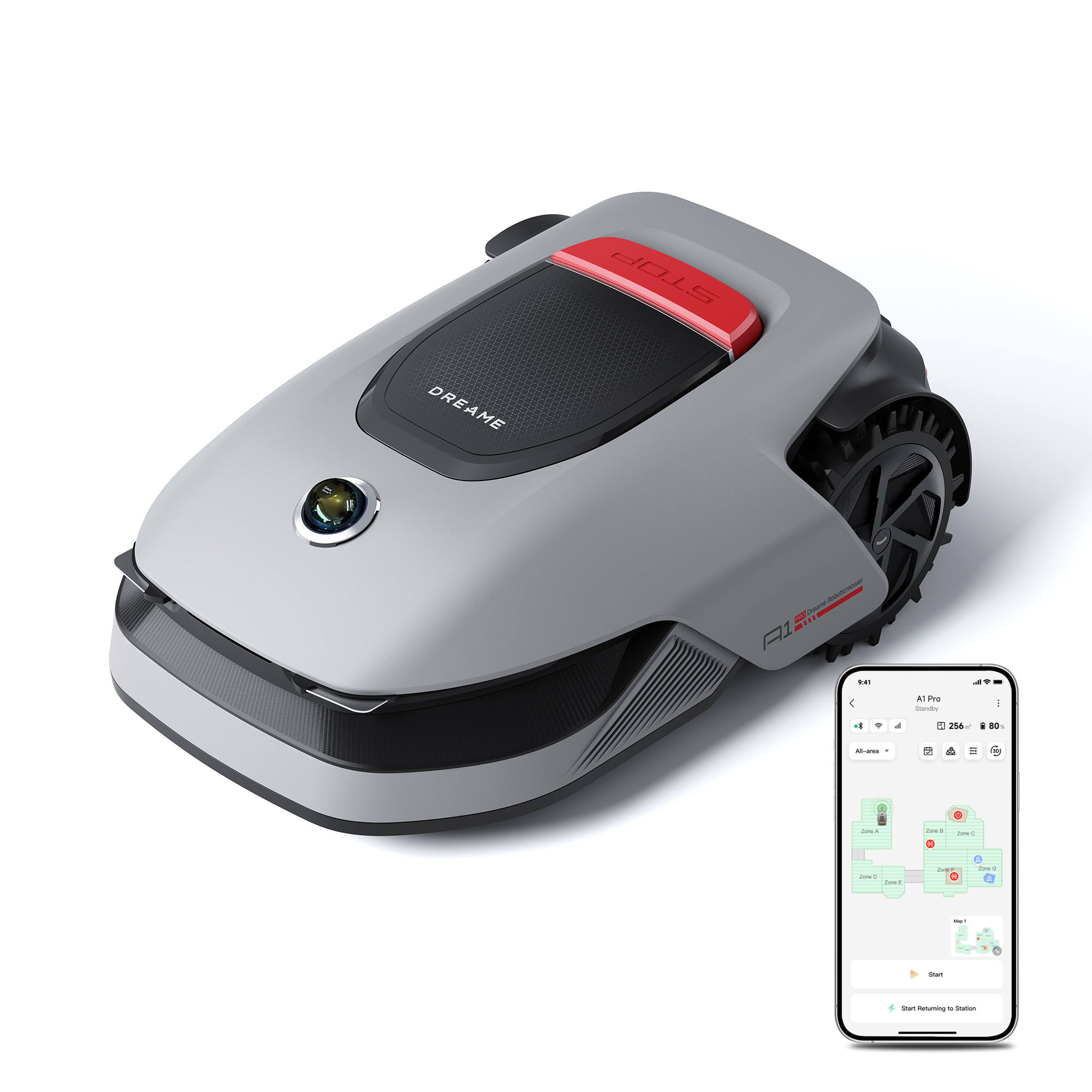 Ein silber-grauer Roboter-Rasenmäher und ein Telefon, das seine Steuerungsoberfläche zeigt.