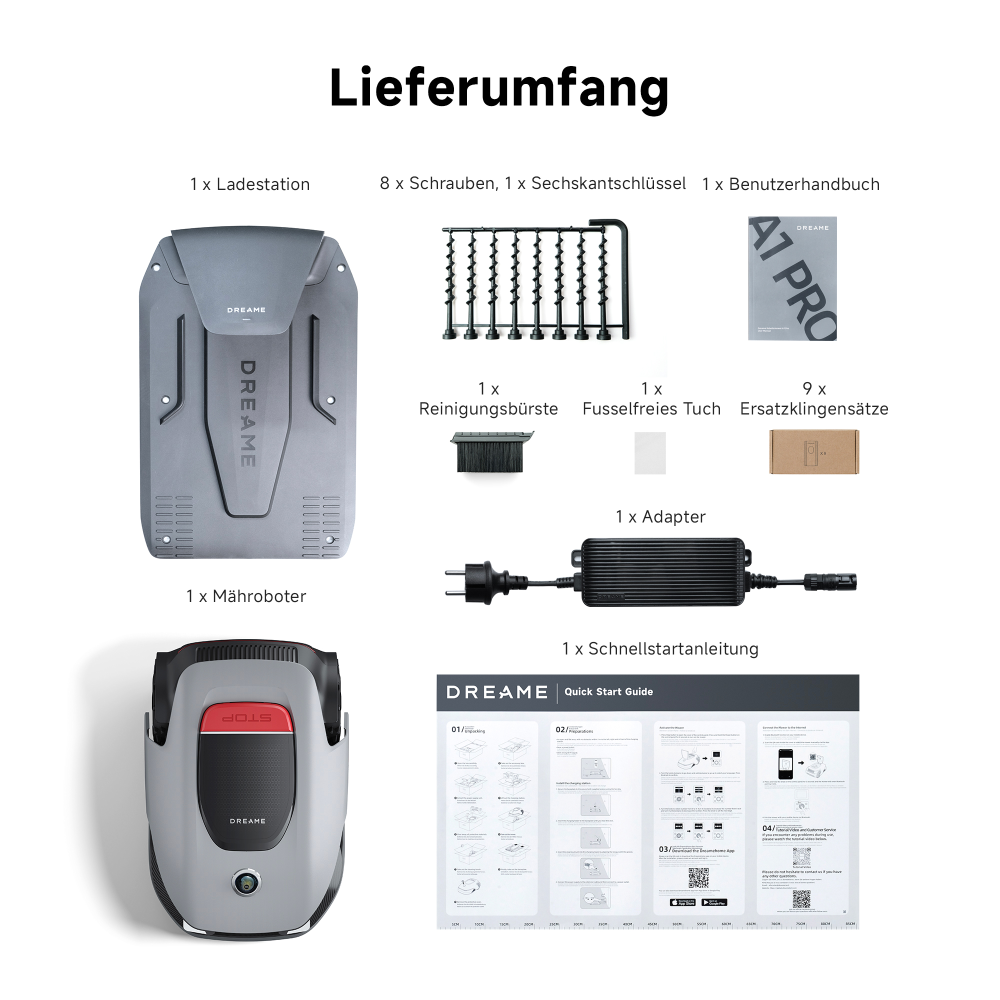 Verschiedene Komponenten eines Reinigungsroboters, einschließlich Ladegerät, Bürsten und Handbuch.