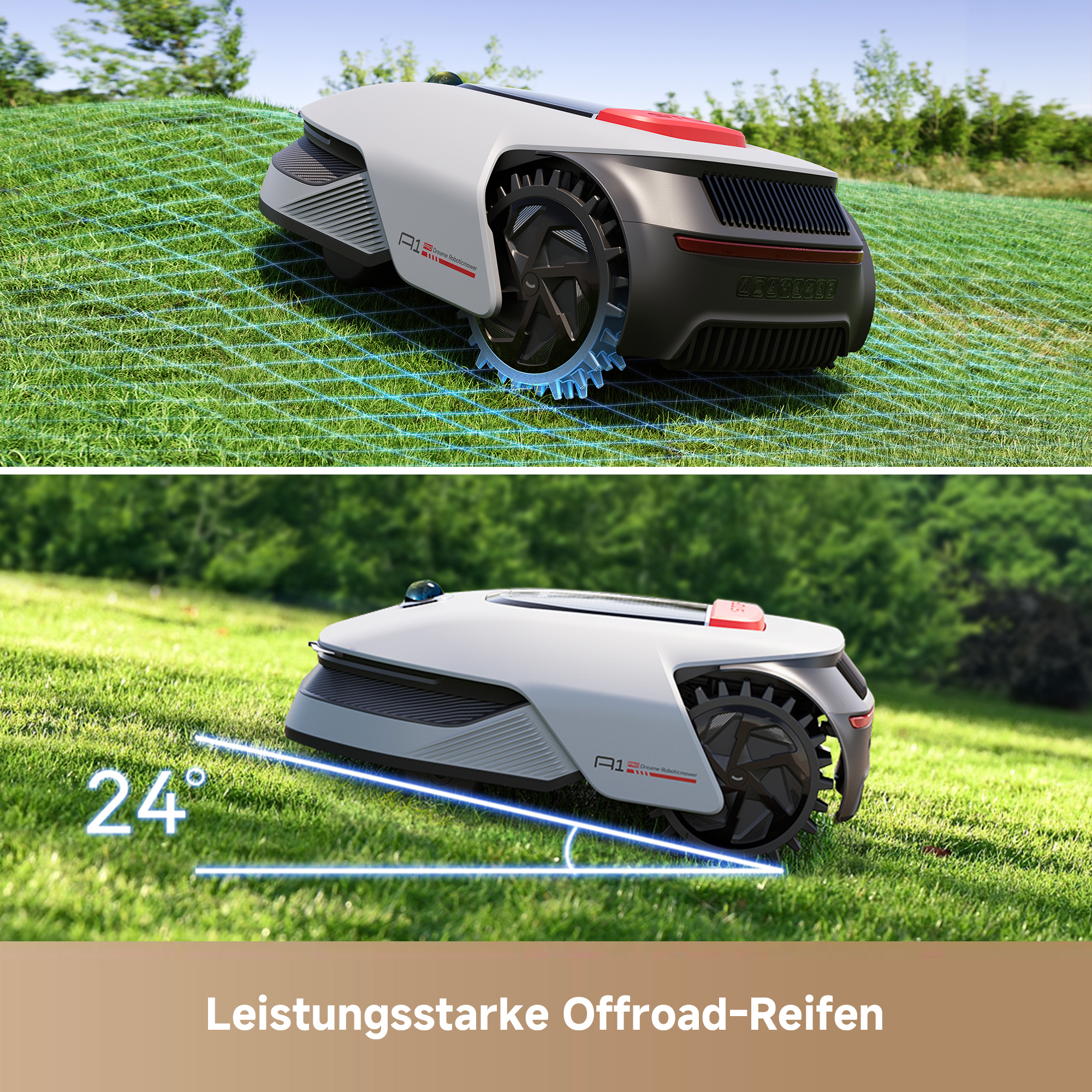 Robot-Rasenmäher auf Gras, schräge Ansicht. Weißes und schwarzes Design, rote Akzente. Blaue Linie zeigt den Schnittpfad.
