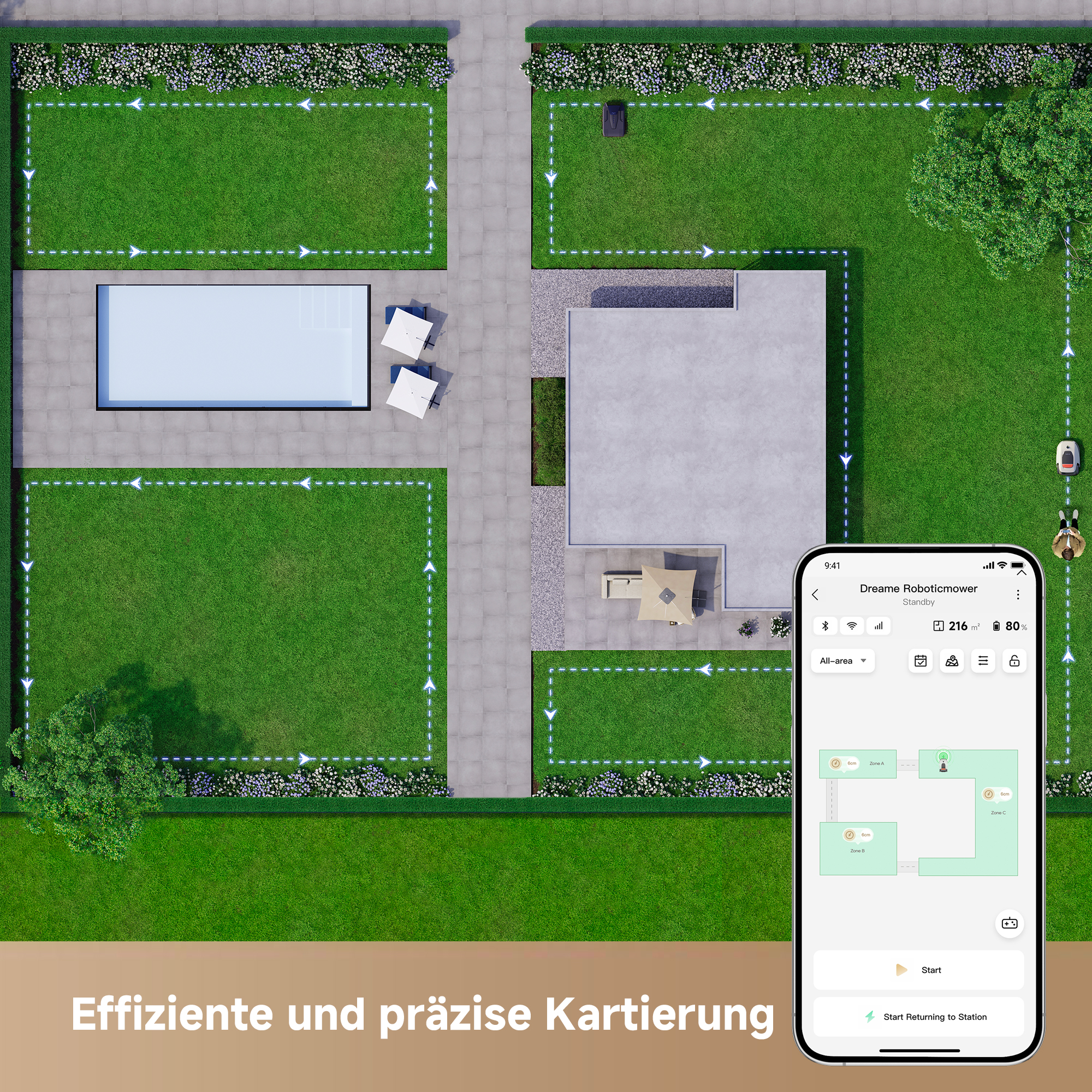 Ein Rasen mit einem Roboter-Rasenmäher und einem Smartphone-Bildschirm.