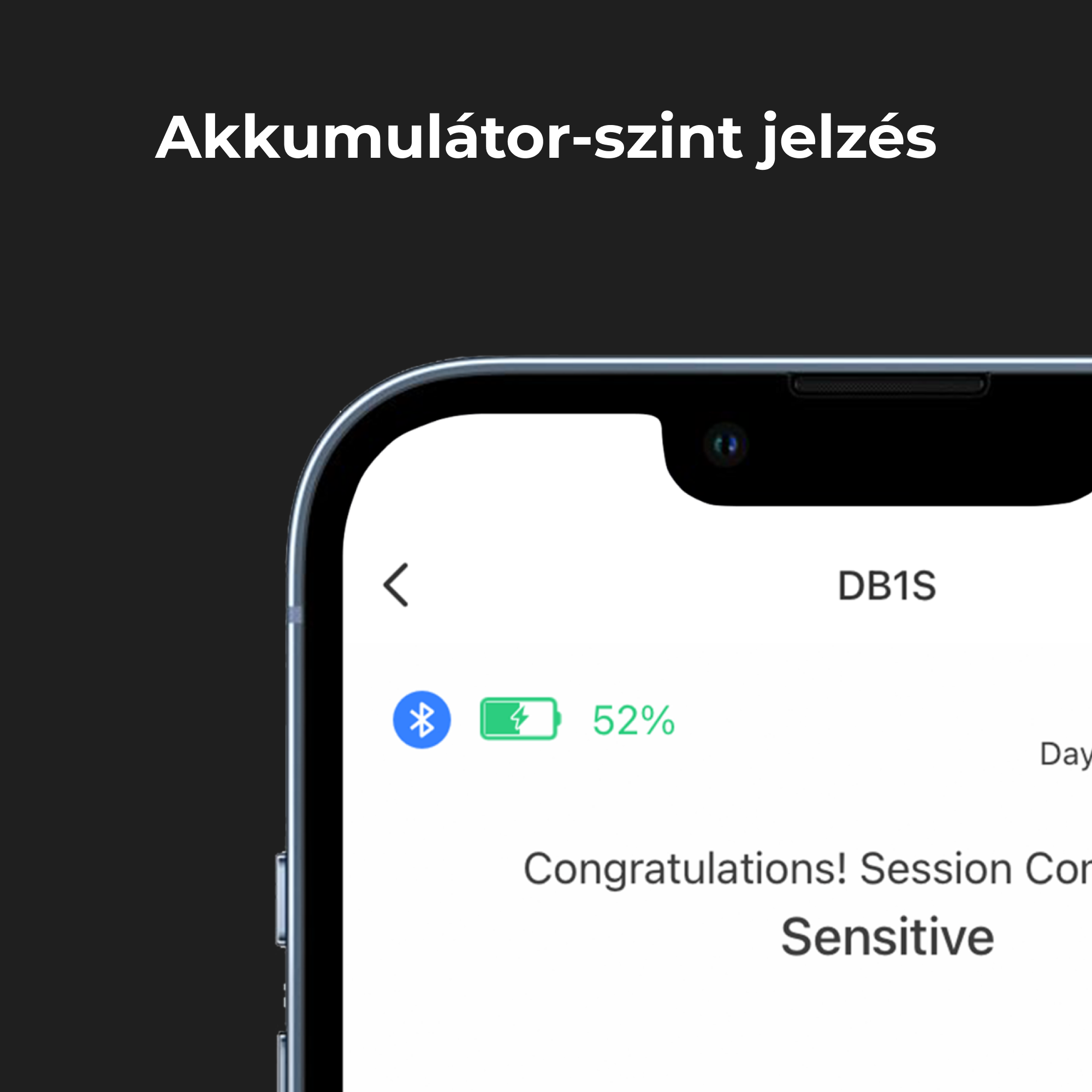 Az okostelefon képernyője 52%-os akkumulátor szintet mutat. Bluetooth ikon látható.