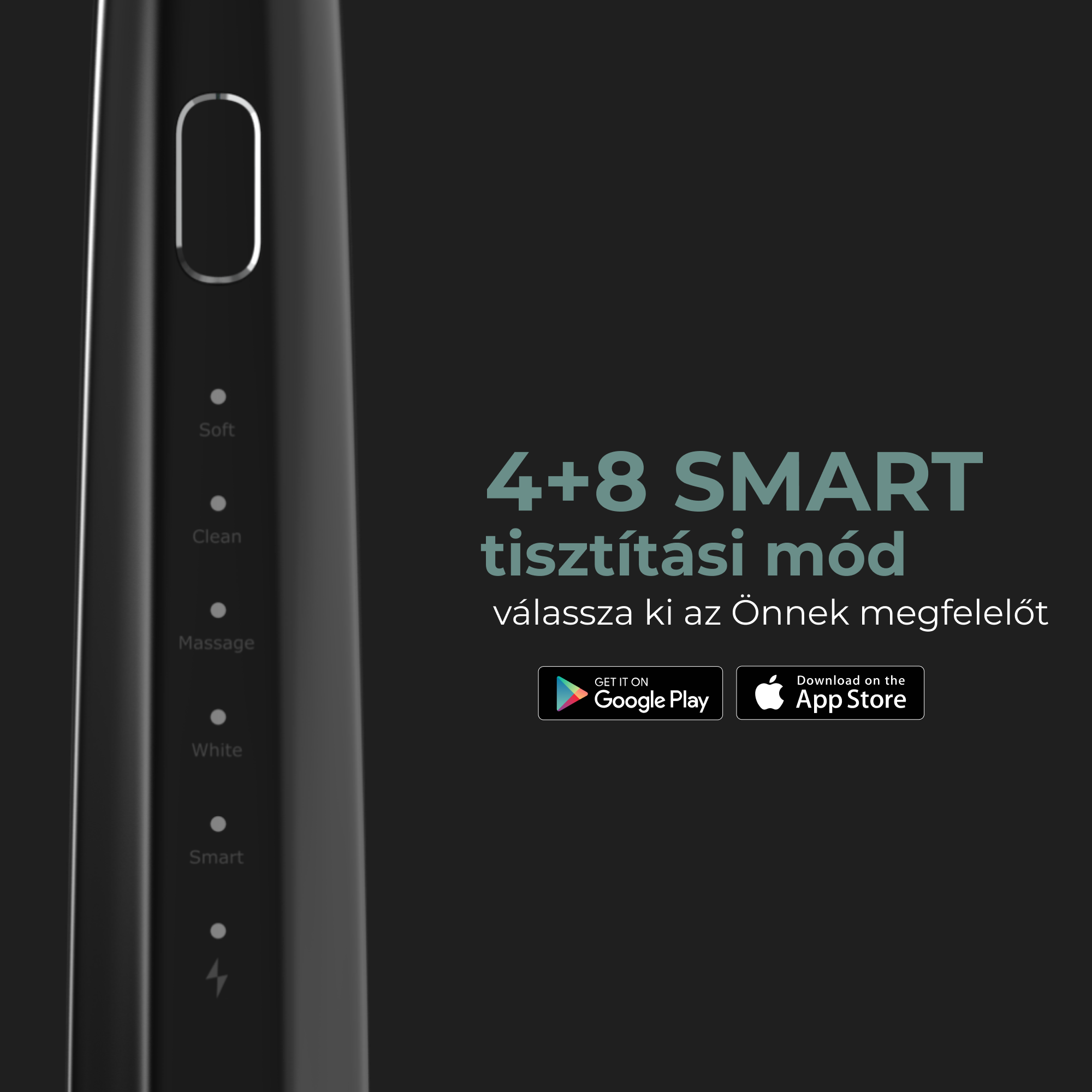 Fekete elektromos fogkefe, különböző üzemmódokkal, melyeket a lámpák jeleznek.