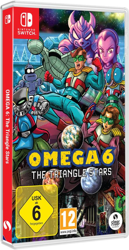 Spielbox für Omega 6: The Triangle Stars. Sie zeigt Zeichentrickfiguren.