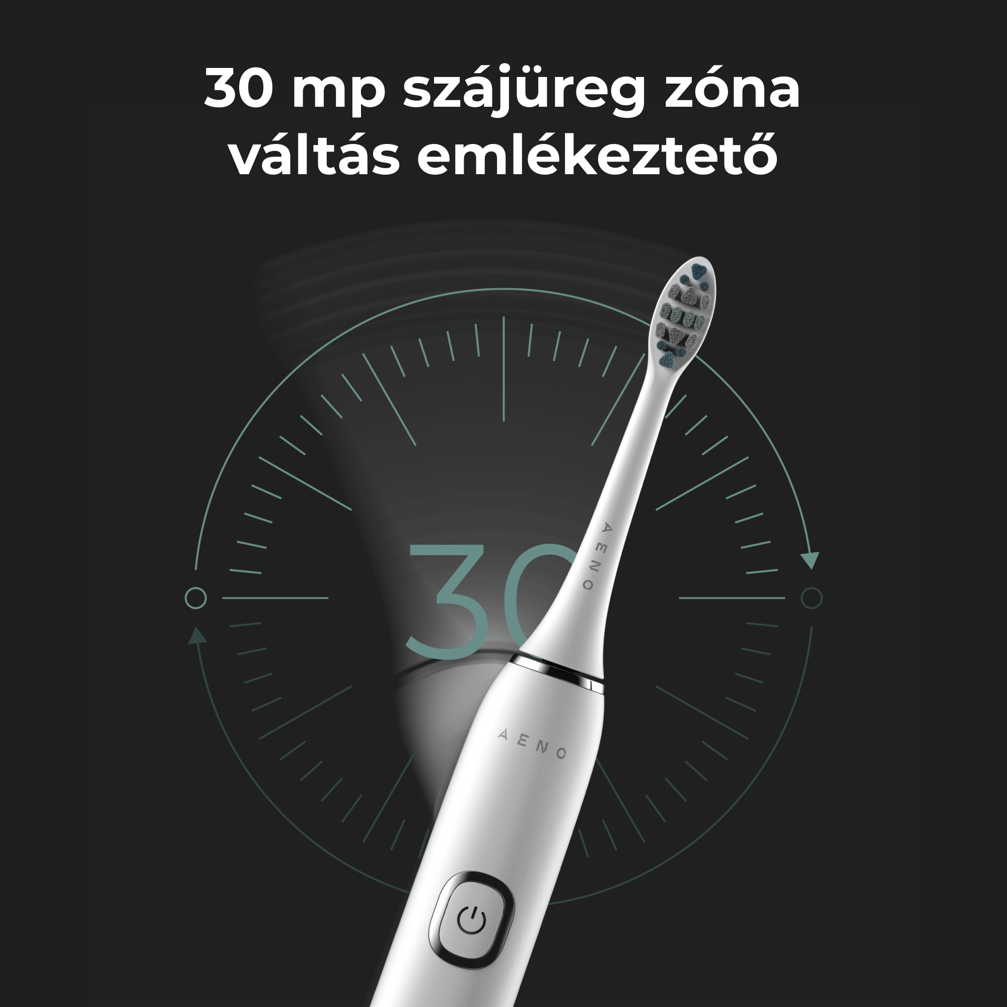 Fehér elektromos fogkefe. A háttér egy óra-szerű dizájn. A szöveg felül van.