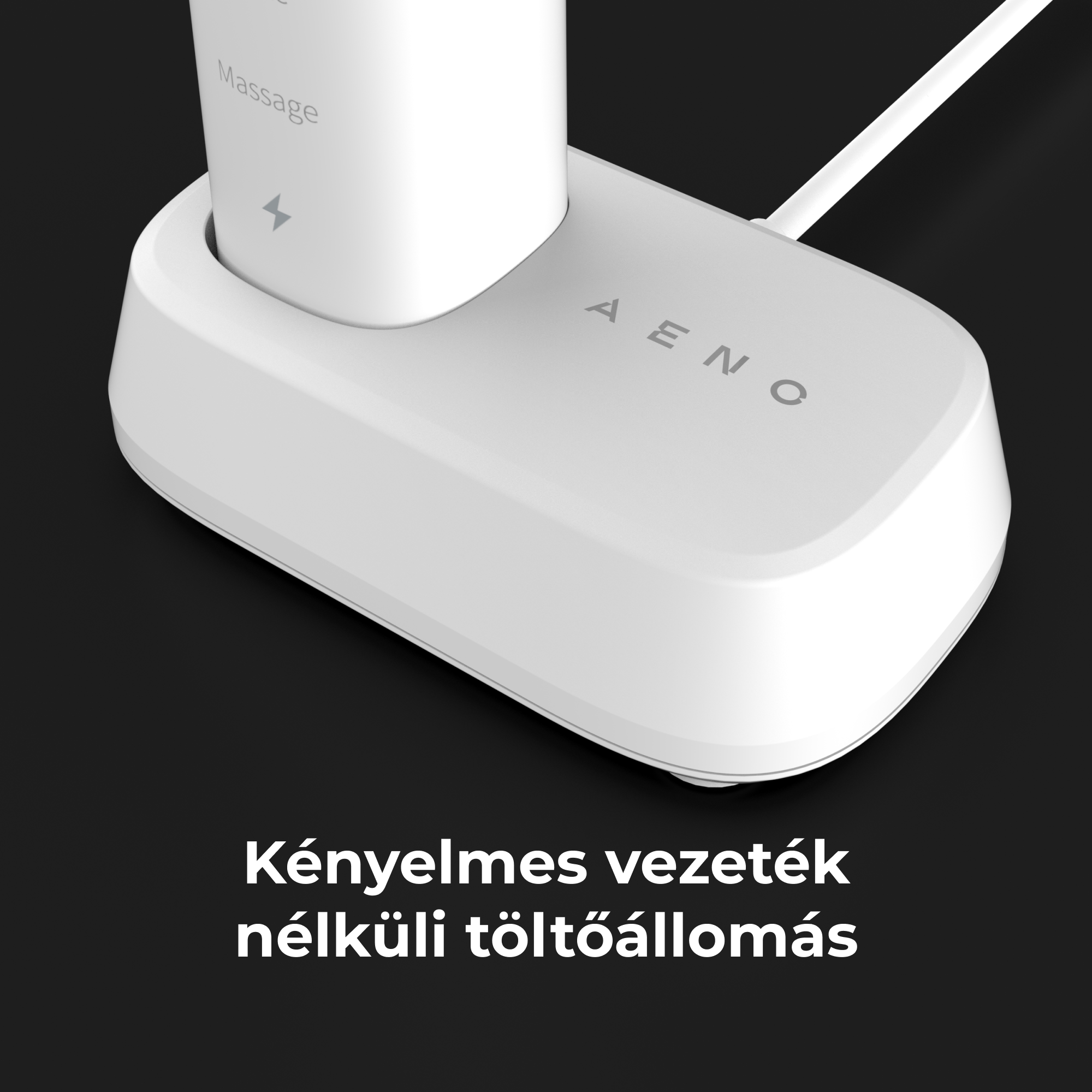Közelkép egy töltőállomásról és egy töltőkábelről egy fehér elektromos fogkeféhez fekete felületen.