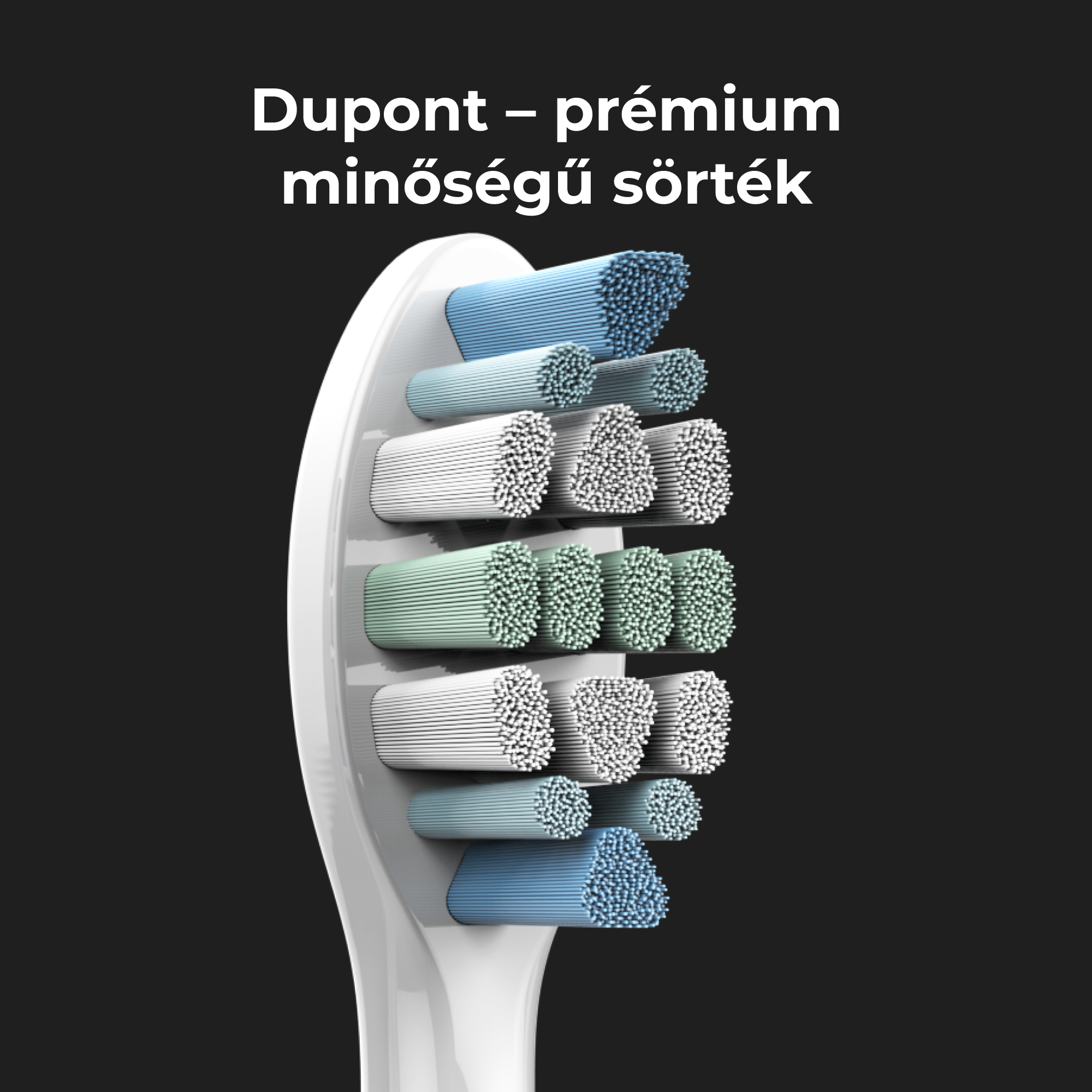 Fogkefe fejének közelképe prémium sörtékkel, különböző színekben.