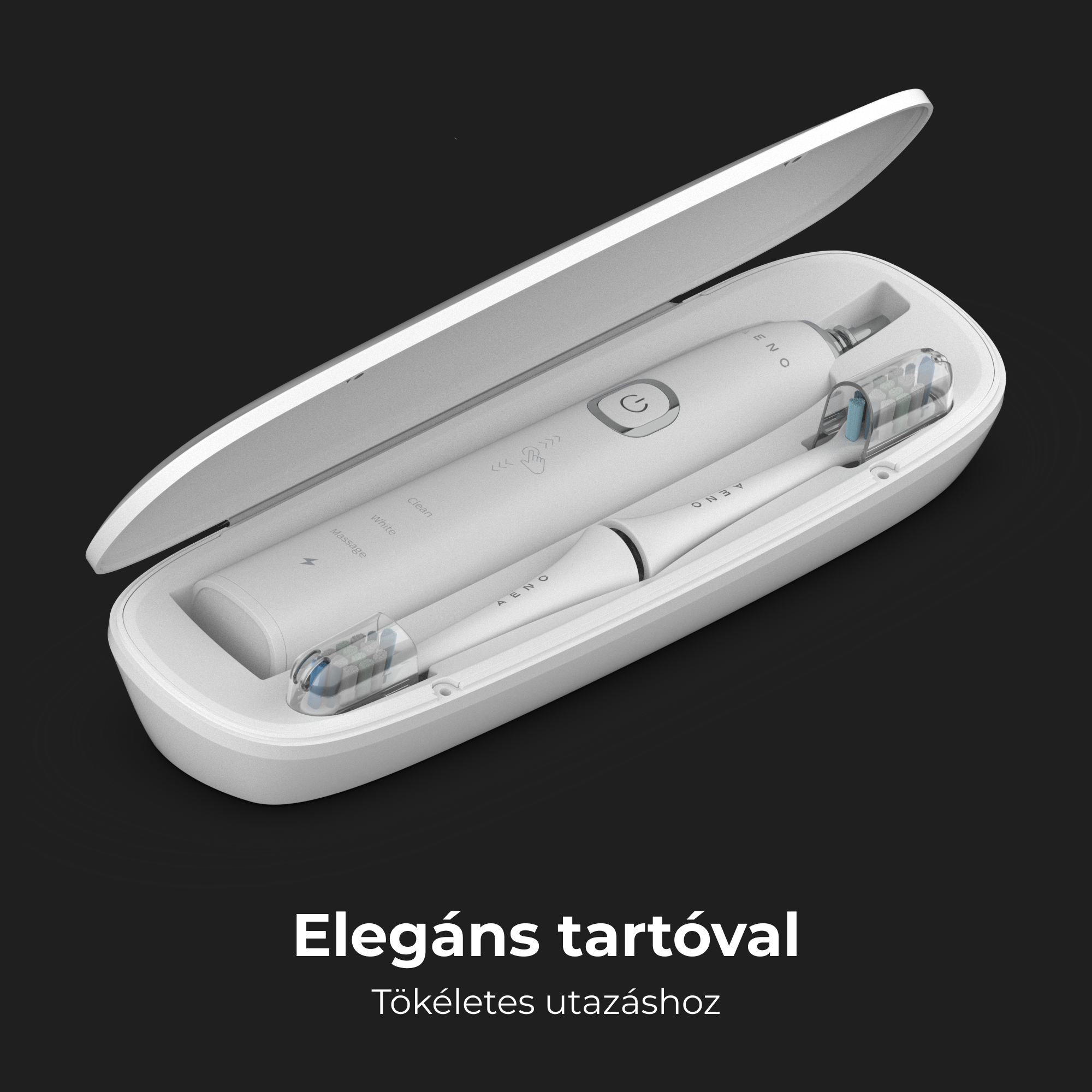 Egy fehér elektromos fogkefe és pótkefefejek egy nyitott fehér utazótokban.