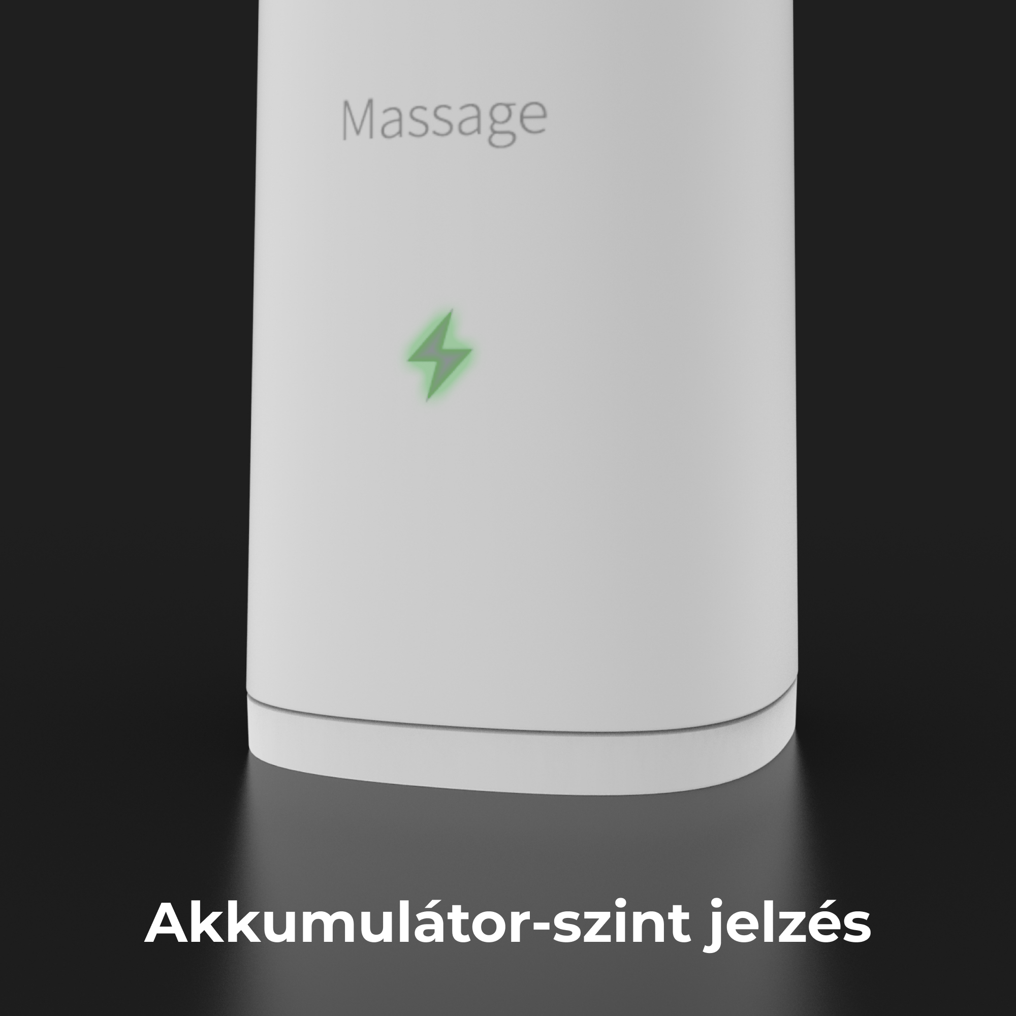 Egy fehér eszköz, zöld akkumulátor szintjelzőt mutatva.