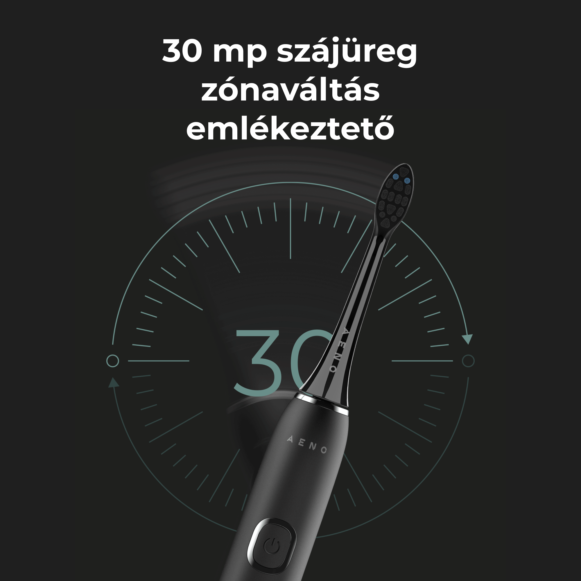 Fekete elektromos fogkefe digitális kijelzővel. Egy időzítő 30 másodpercet mutat, a kefe pedig elöl van.