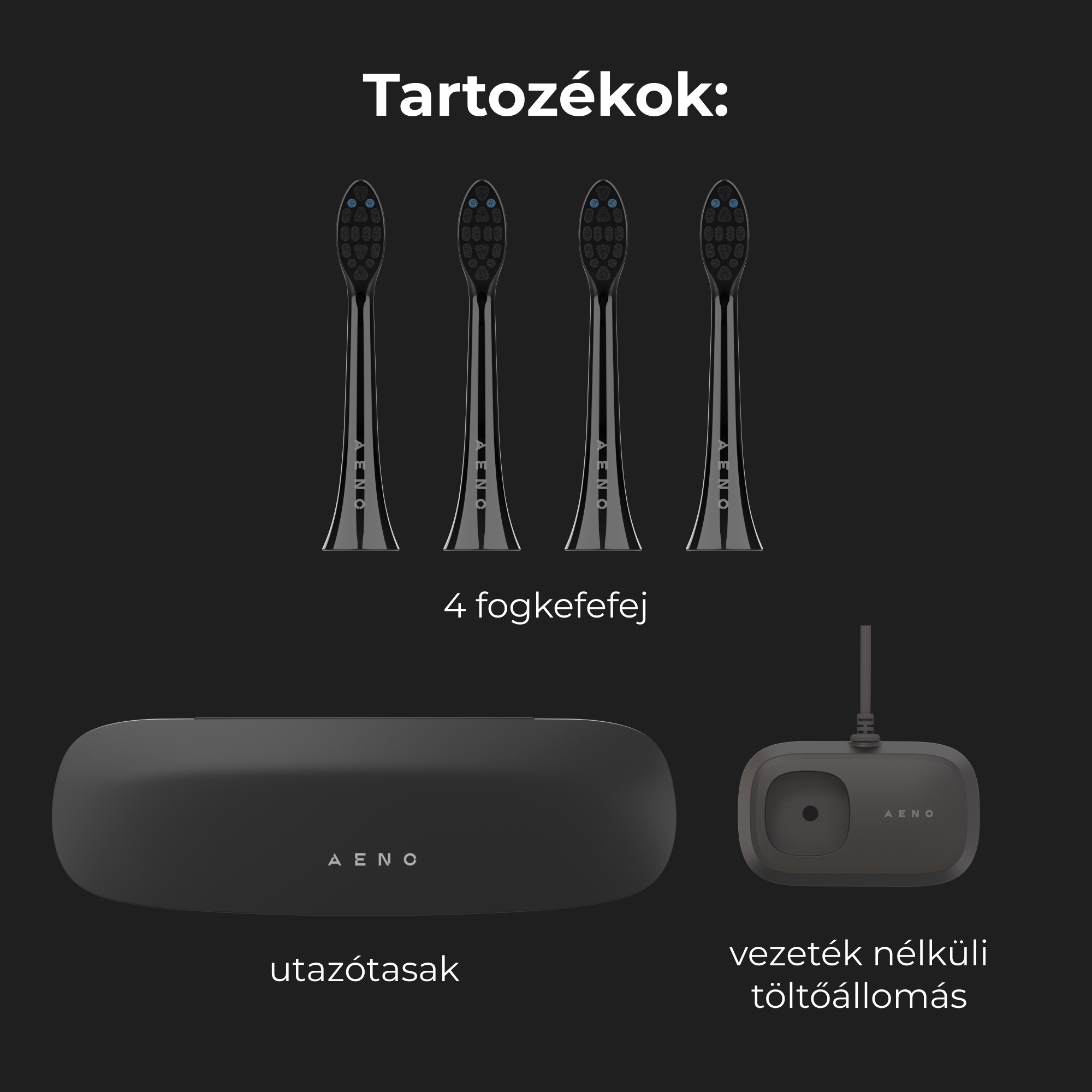 Négy fekete fogkefefej, egy utazótok és egy töltőállomás. Minden fekete.