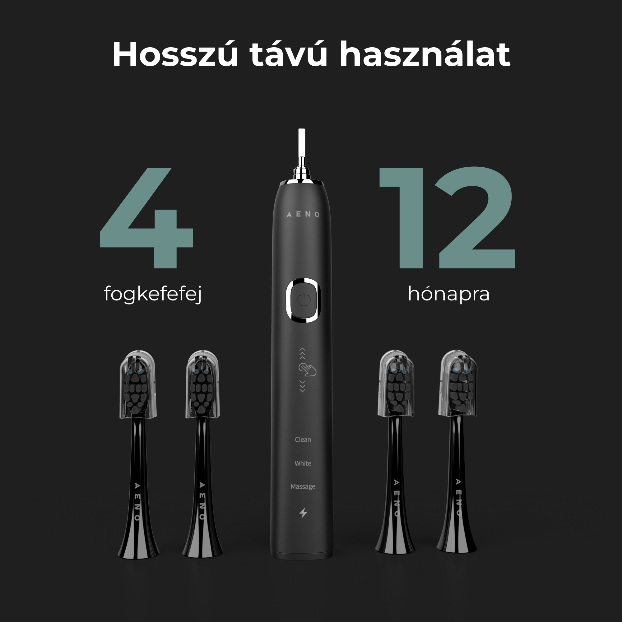 Egy fekete elektromos fogkefe négy kefefejjel és 12 hónapos használattal.