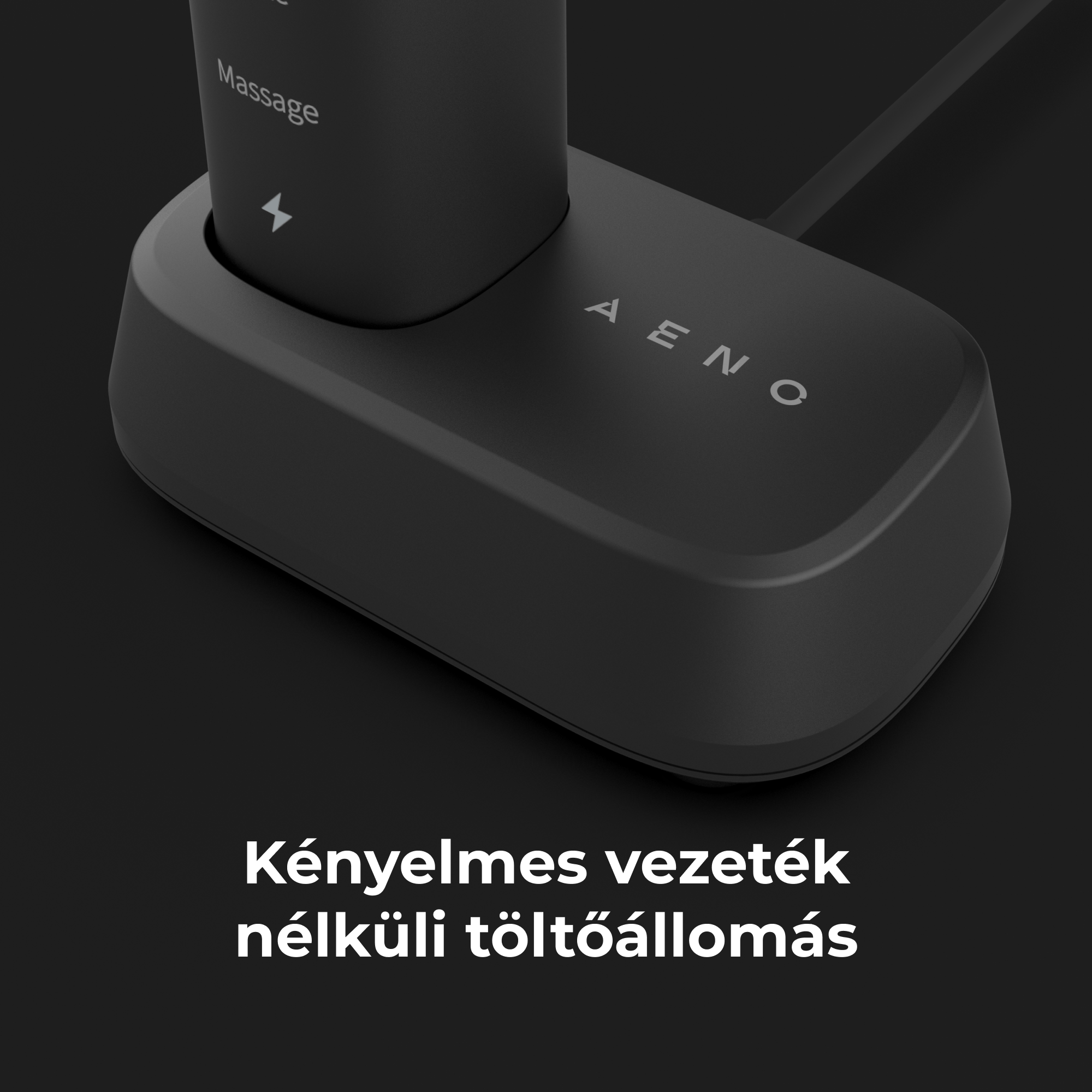 Egy fekete masszázskészülék egy töltőállomáson.