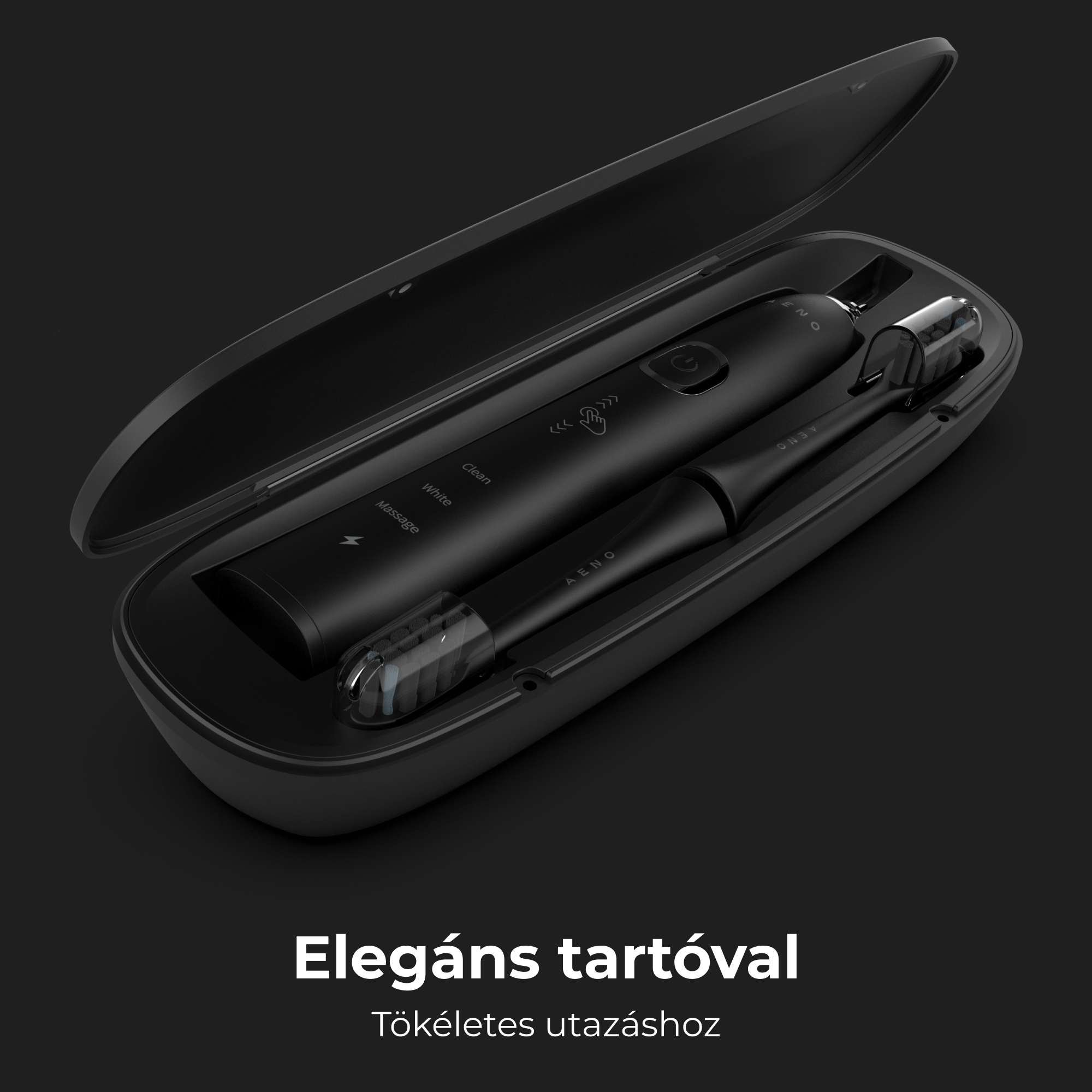 Fekete elektromos fogkefe és tok. A tok nyitva, a fogkefe benne van.
