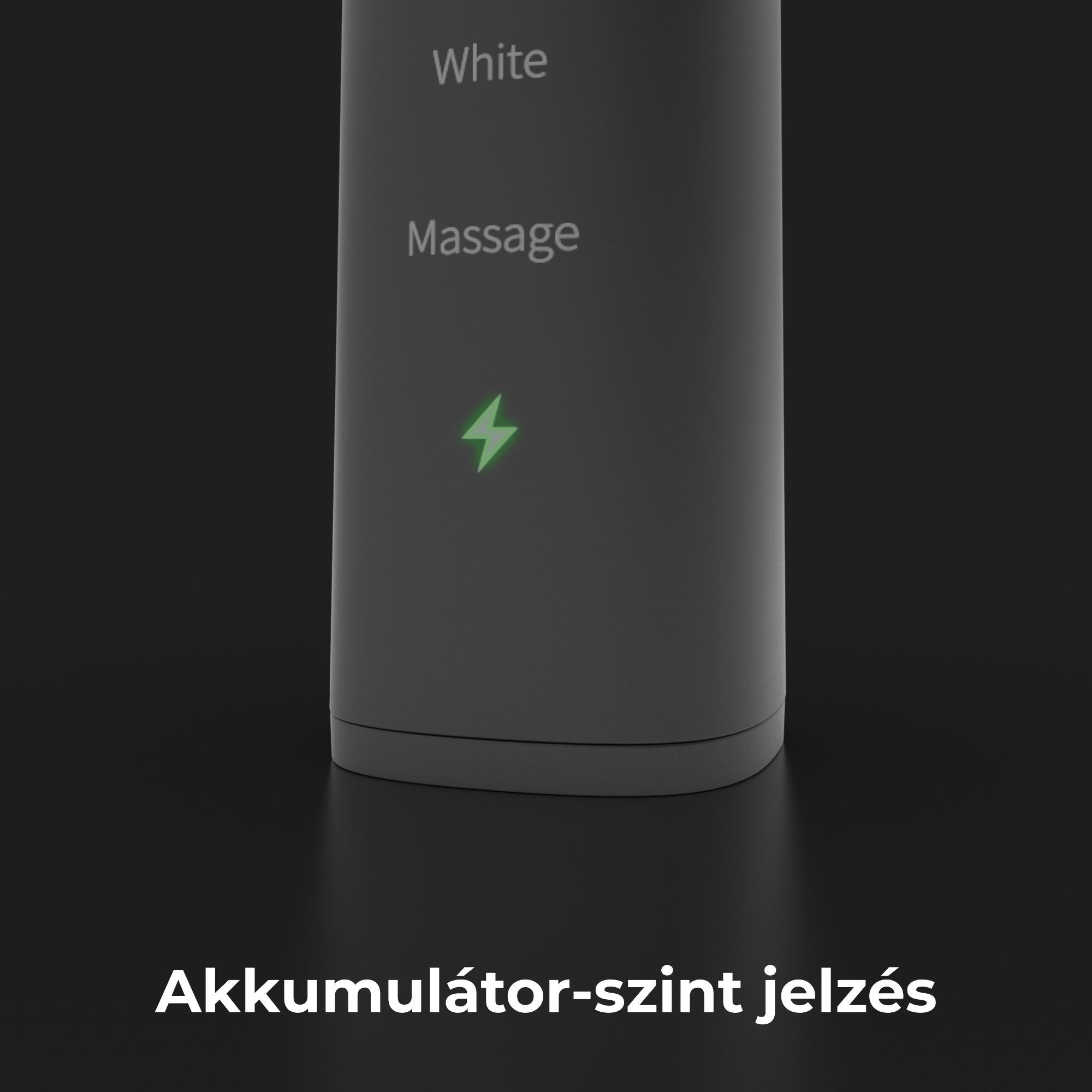 Fekete eszköz közelképe zöld villámjelzéssel. A Masszázs szó látható.