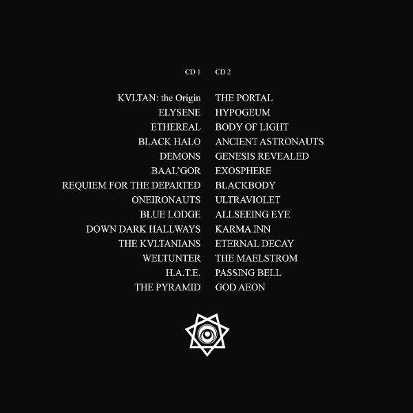 Eine Liste von Songtiteln auf schwarzem Hintergrund mit einem sternartigen Emblem. Der Text ist weiß.