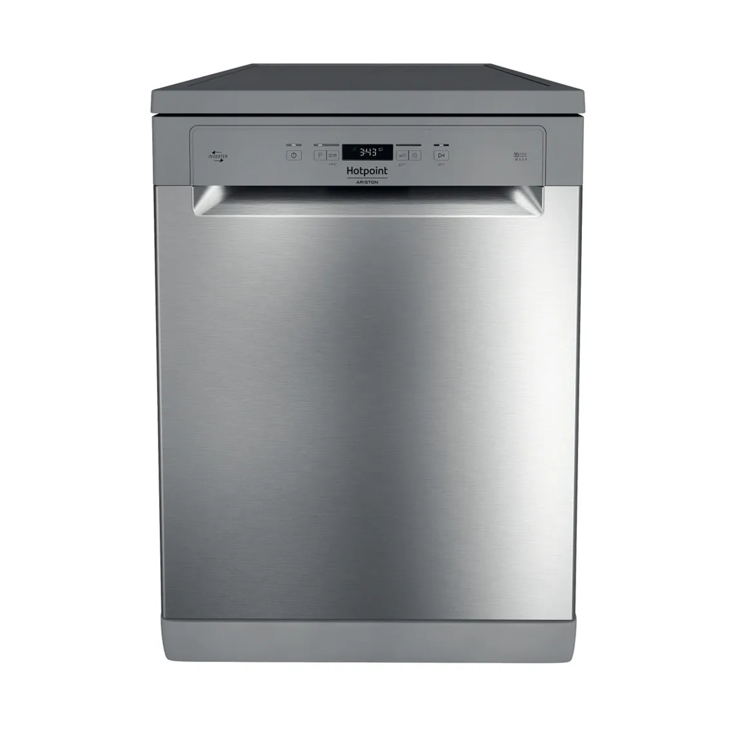 Lavastoviglie Hotpoint in acciaio inox su sfondo bianco.