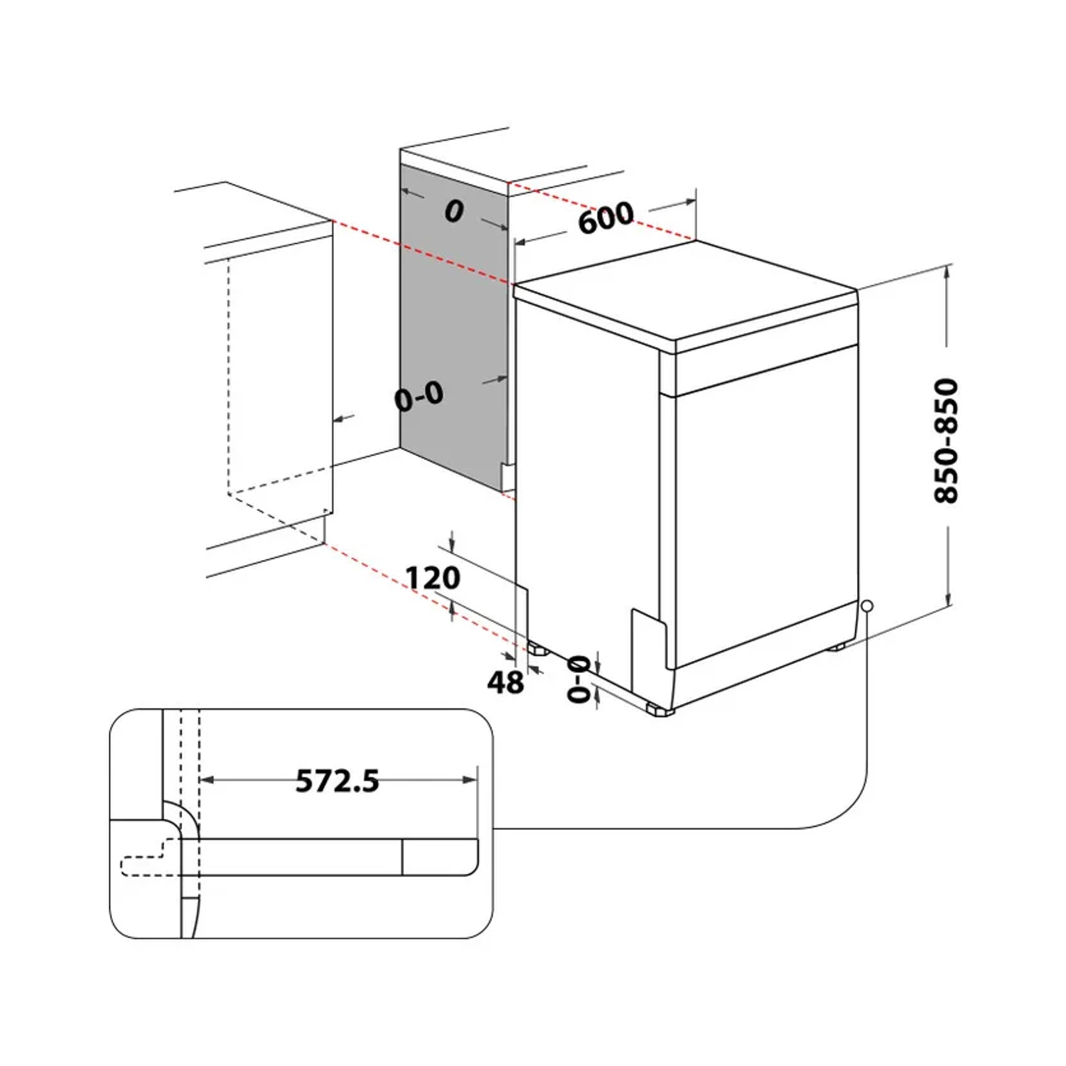 Schema di una lavastoviglie, che mostra dimensioni e dettagli di installazione.