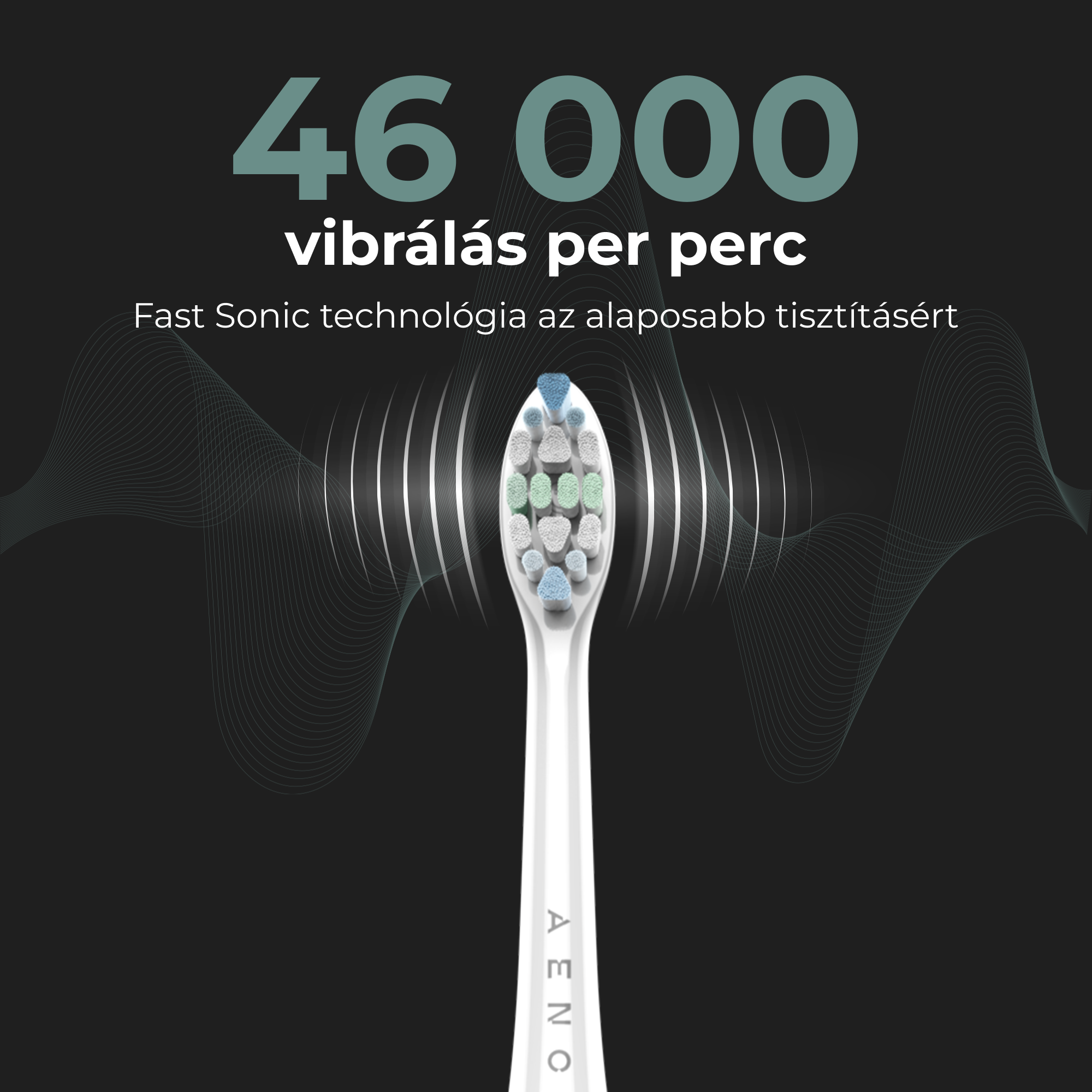 Fehér fogkefefej közeli képe kék és zöld sörtékkel. 46.000 vibráció.