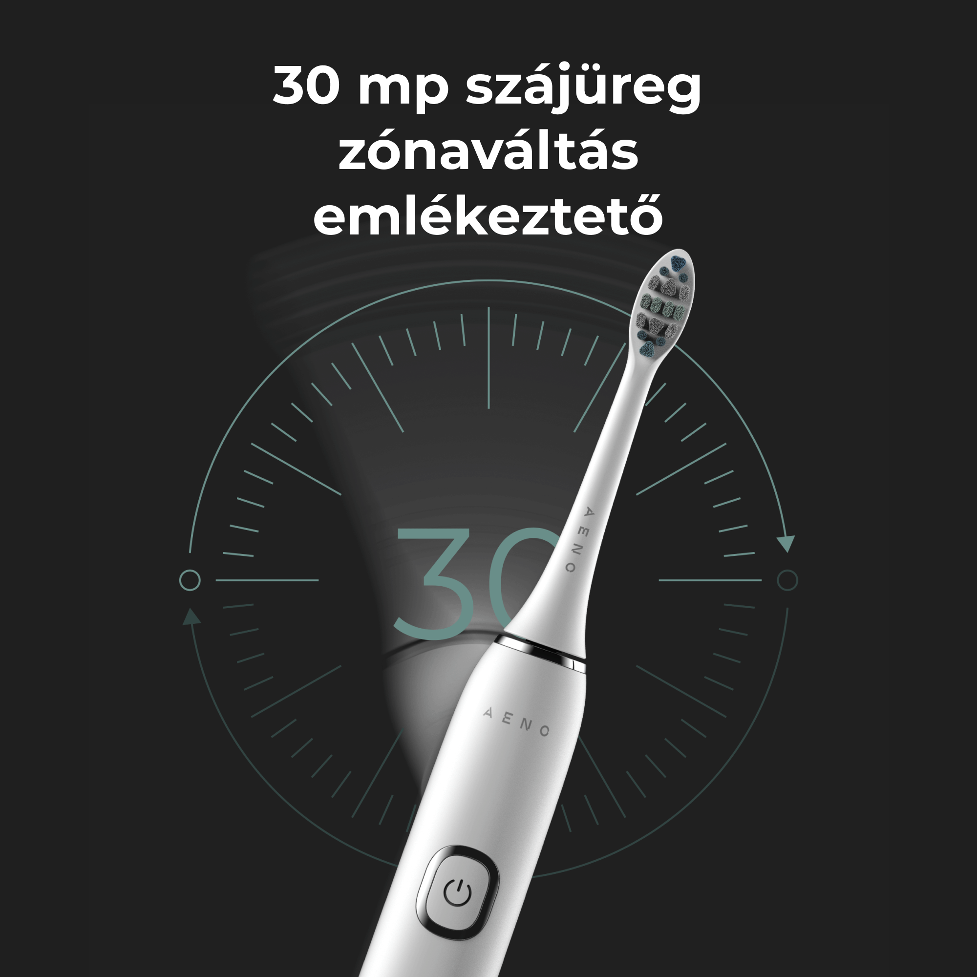 Fehér elektromos fogkefe, időzítő grafikával, 30 másodperces intervallumokkal.