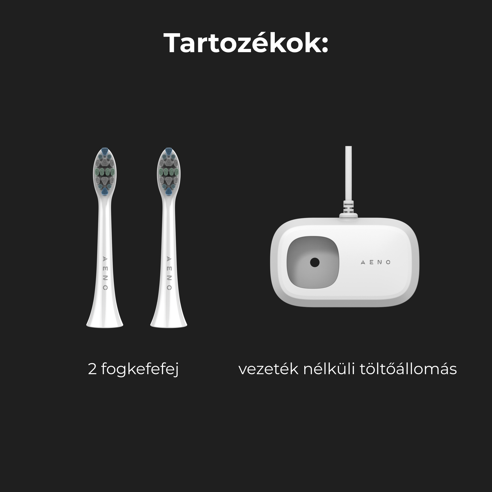 Két fogkefefej és egy vezeték nélküli töltőállomás, elektromos fogkefe kiegészítők.