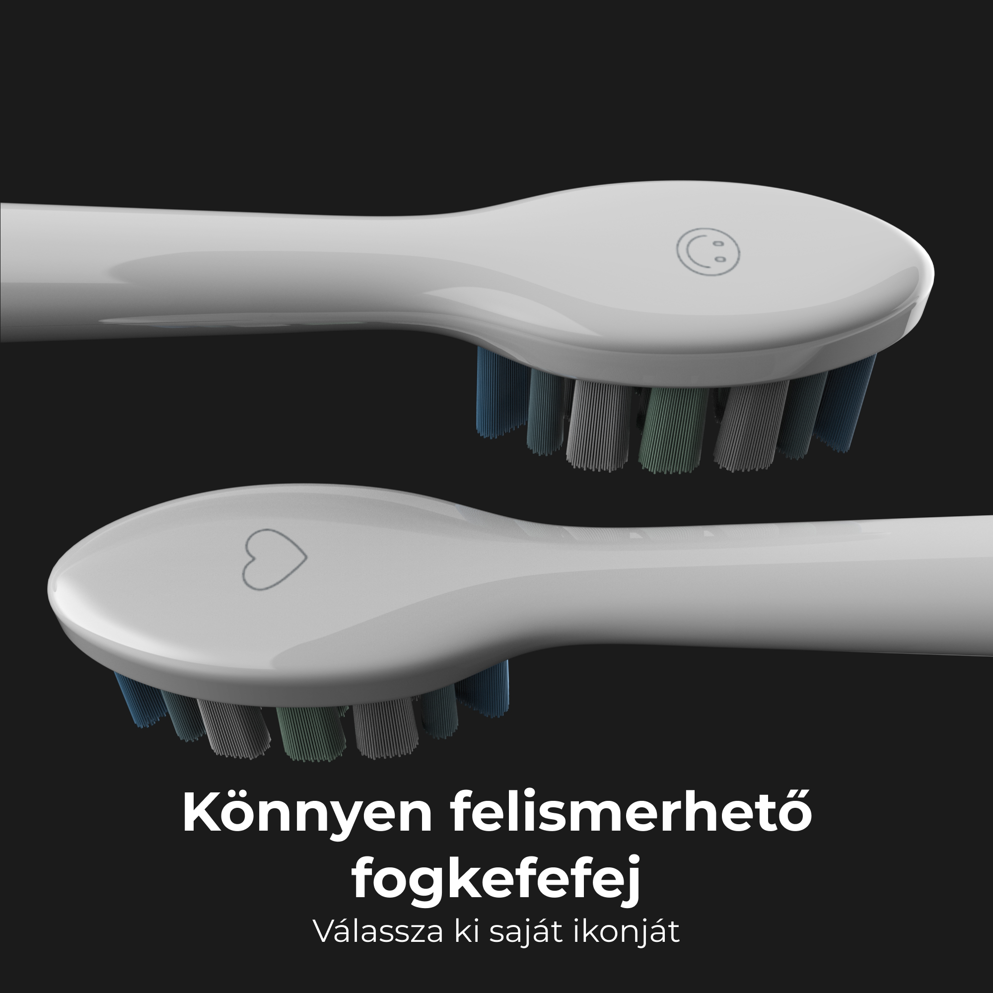Két fehér fogkefefej kefe színekkel, szív/mosoly ikonnal fekete háttér előtt.