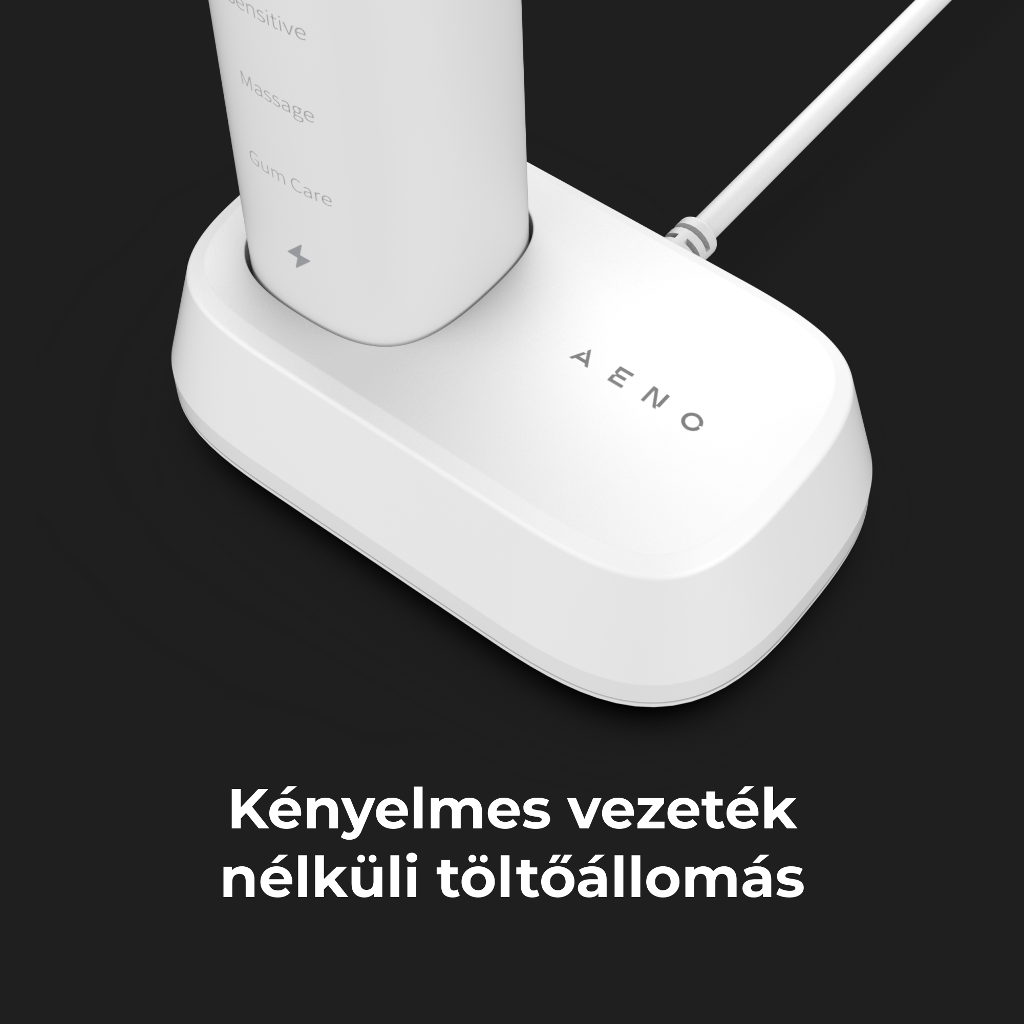 Fehér töltőállomás, fogkefével. Fekete háttér. Magyar nyelvű szöveg.