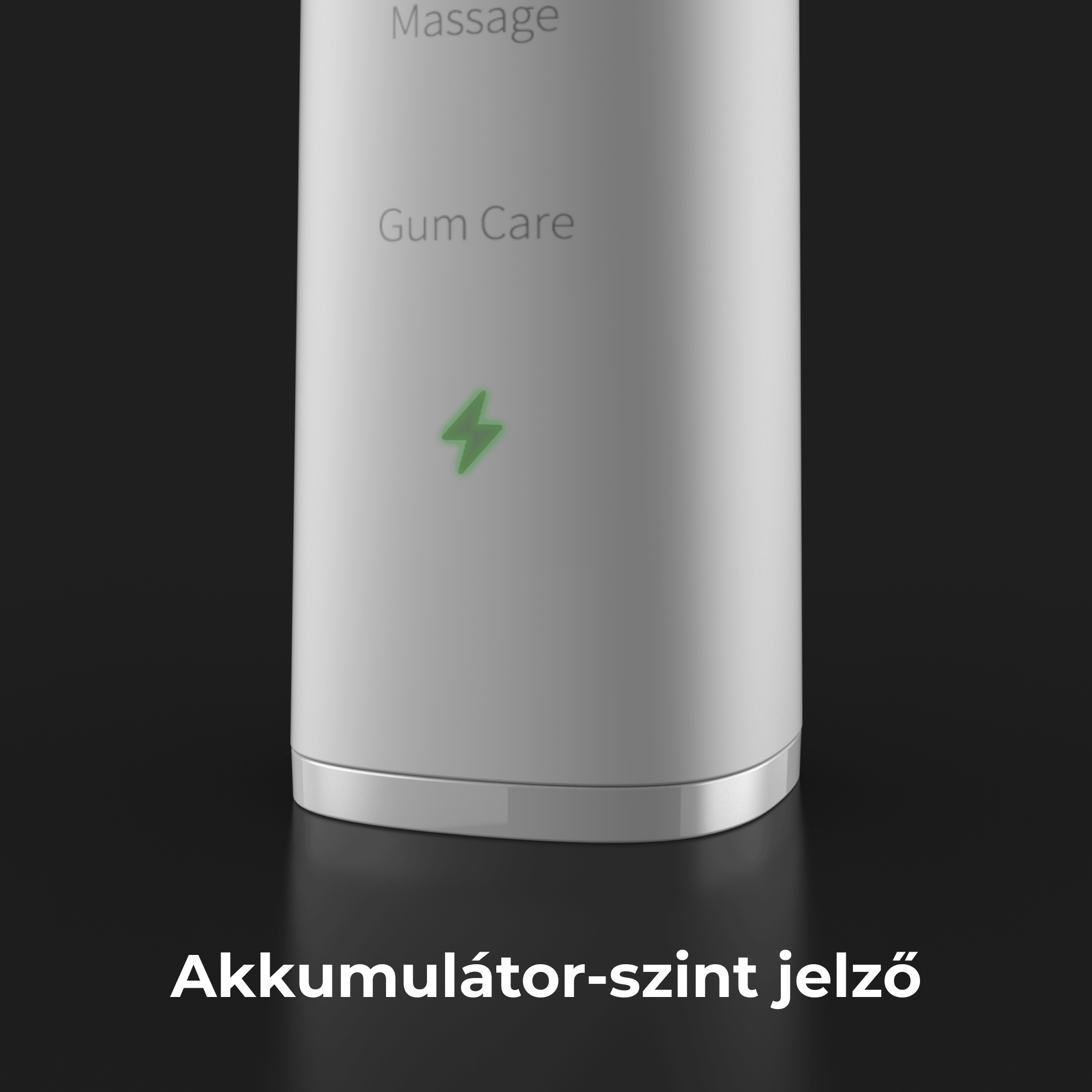 Fehér eszköz közeli képe zöld akkumulátor ikonnal, töltöttségi szintet jelez.