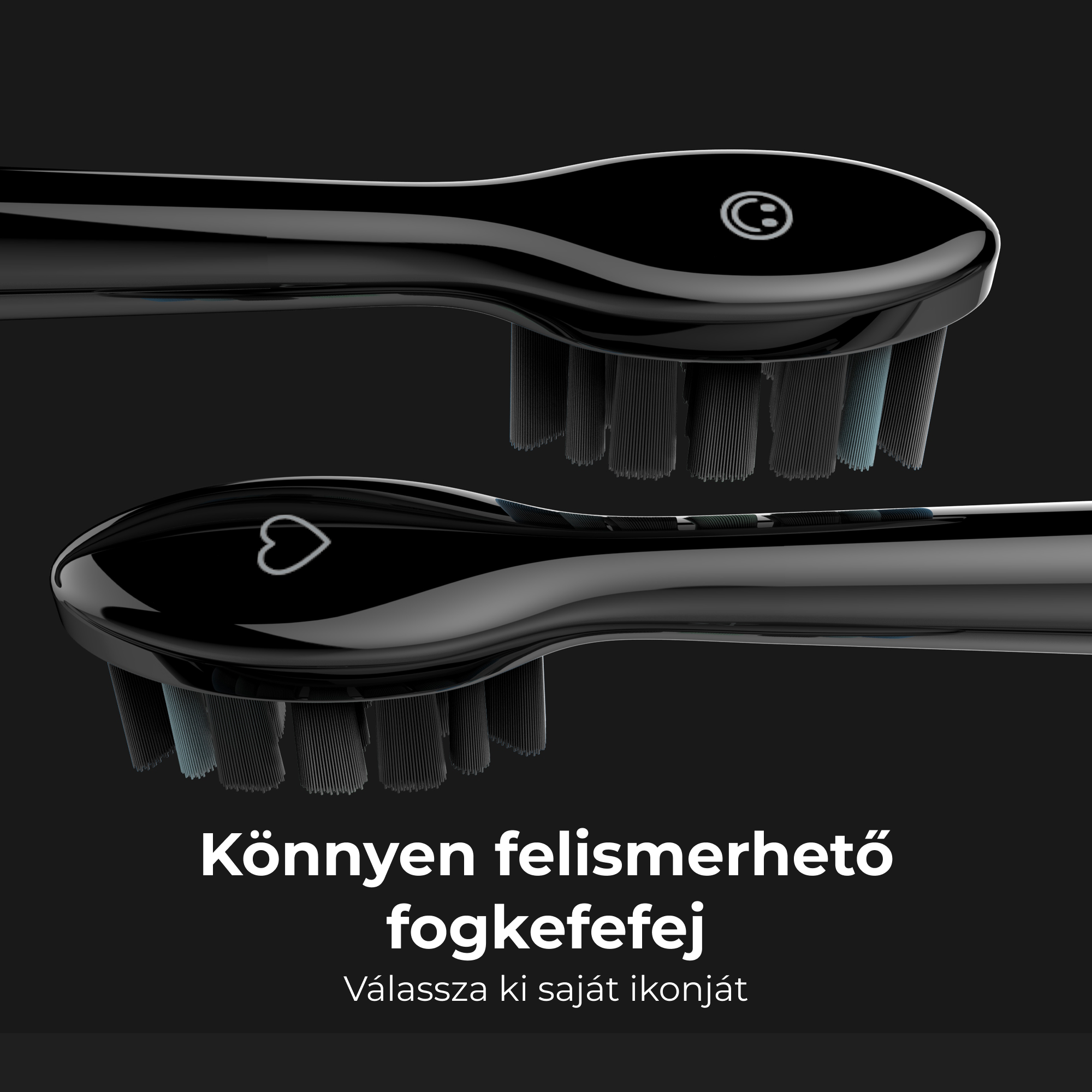 Két fekete fogkefefej, szív és kör ikonnal.