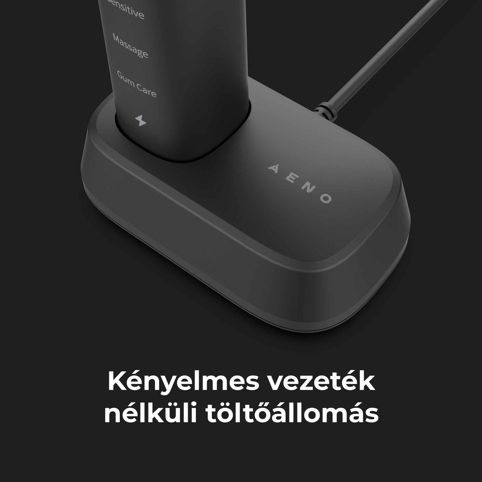 Vezeték nélküli töltőállomás. A szöveg: 'Kényelmes vezeték nélküli töltőállomás'. A 'AENO' márkanév látható.