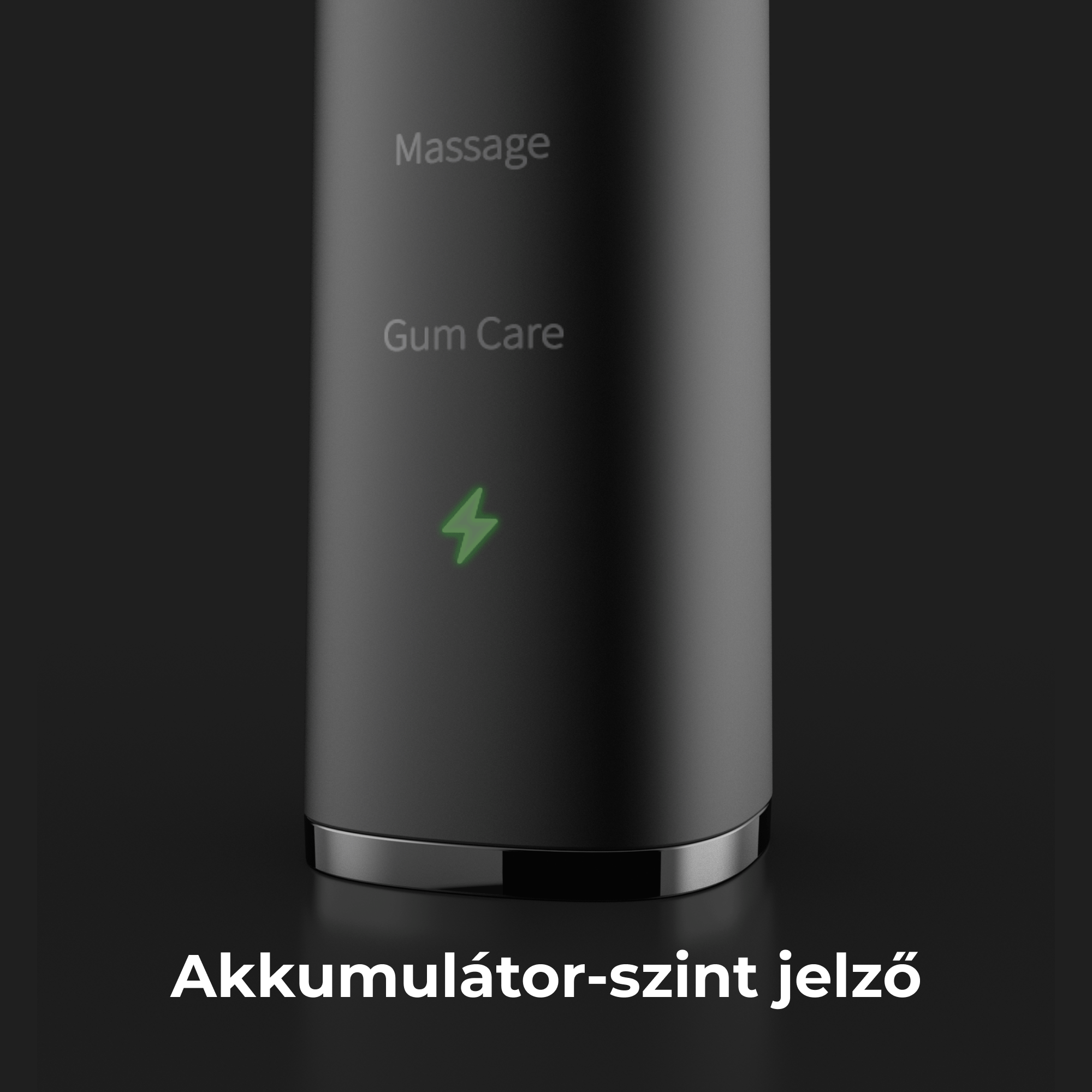 Fekete elektromos fogkefe közeli képe, zöld villám ikonnal a töltéshez.
