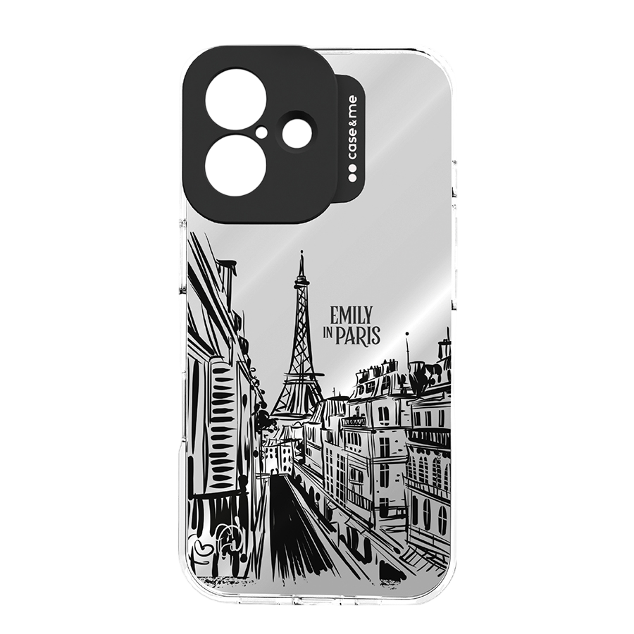 Bir telefon kılıfında Paris şehri görüntüsü. Arka planda Eyfel Kulesi, yanlarda binalar. Siyah beyaz.