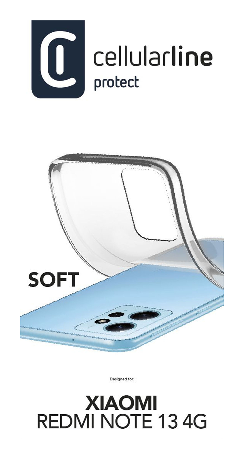 Un teléfono dentro de una funda transparente, con texto en la imagen y fondo blanco.