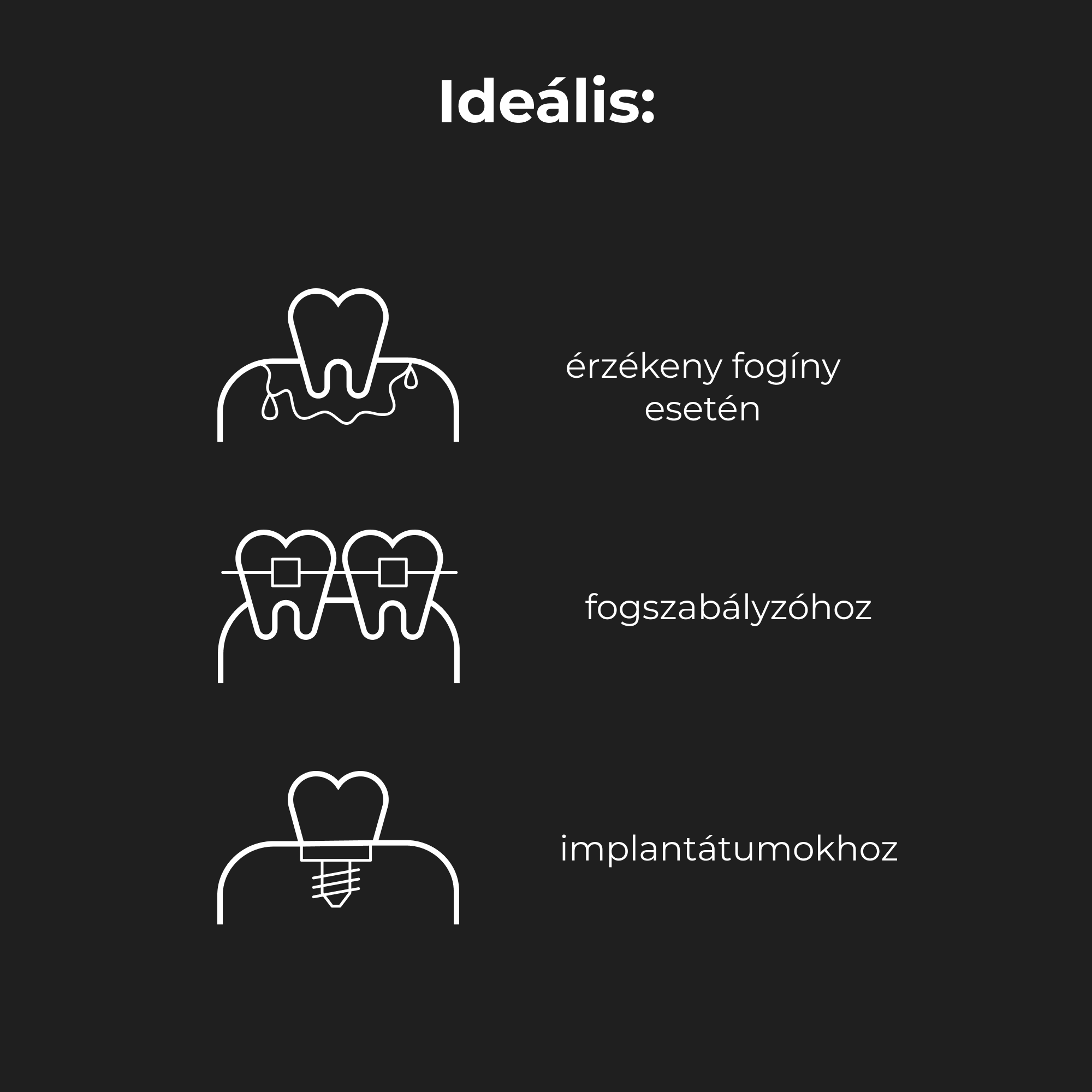 Fogászati állapotok diagramja, vonalakkal, amelyek érzékeny ínyt, fogszabályozót és implantátumokat jeleznek.