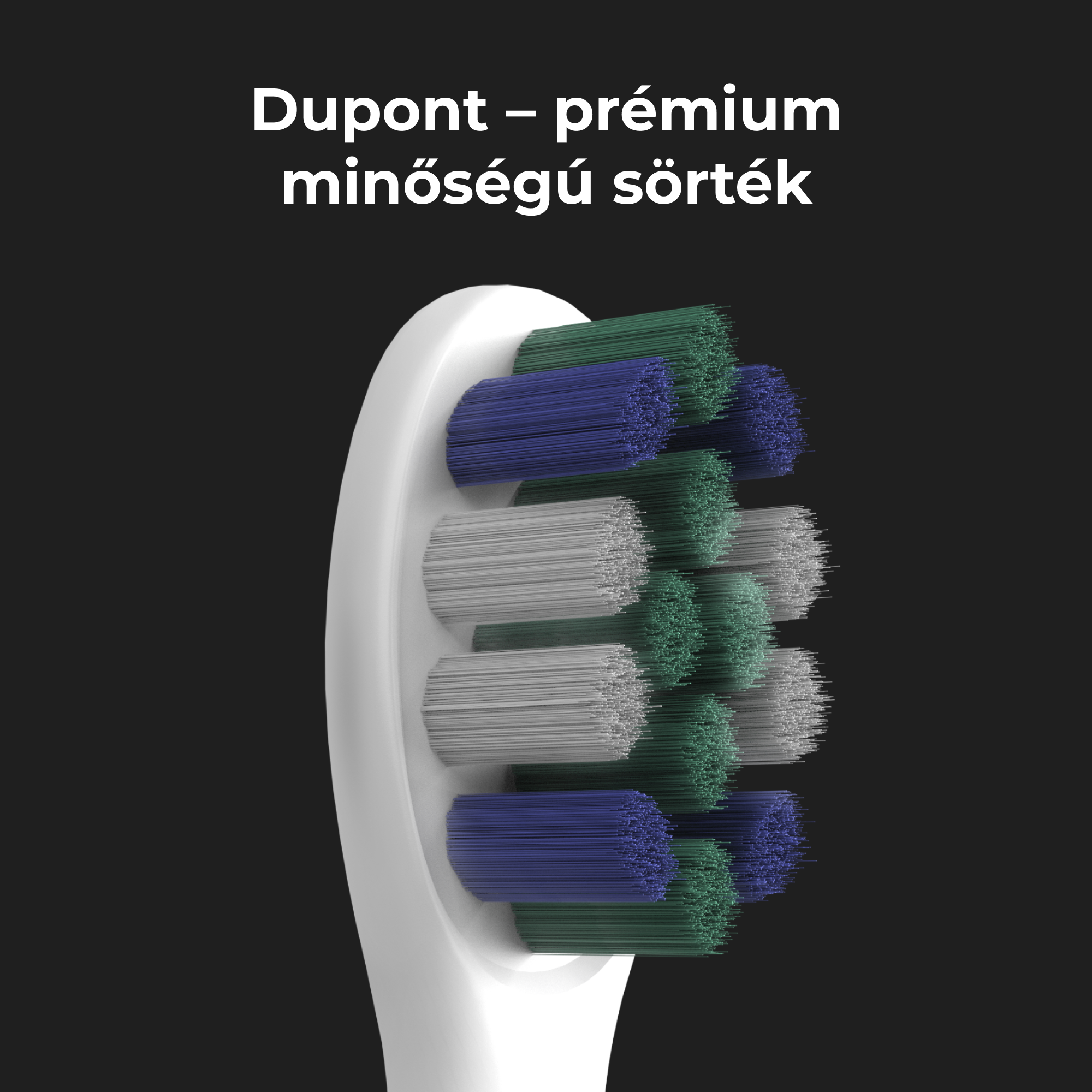 Közelkép egy fogkefe fejről szürke, kék és zöld sörtékkel. Fekete háttér.