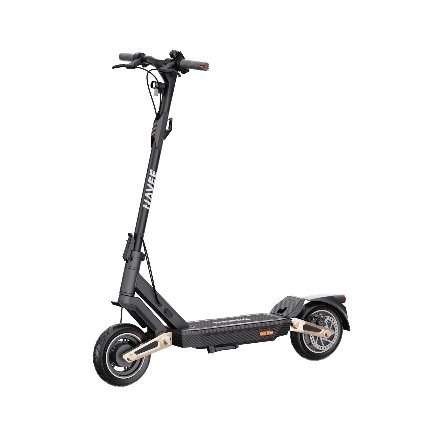 Zwarte elektrische scooter. Hij heeft een stuur, een dek en twee wielen. Het merk is 'HAVEE'.